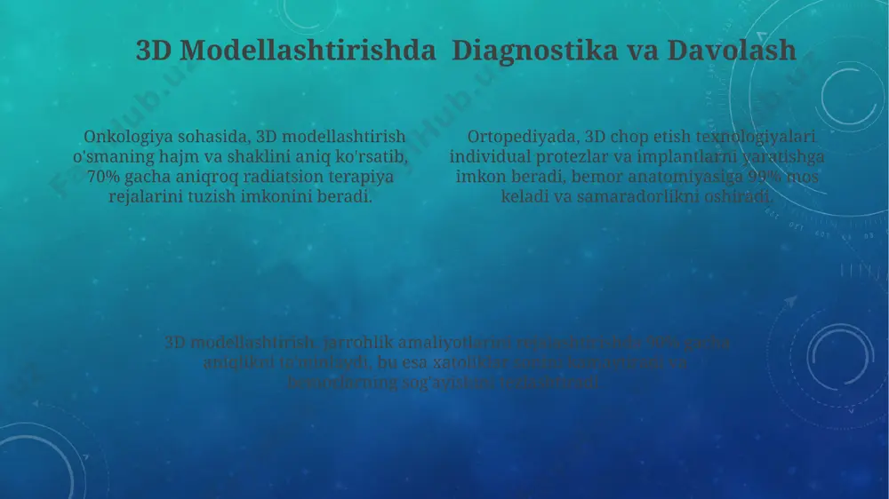 giyasi, suyuq fotopolimerni lazer yordamida qatlam-qatlam qattiqlashtirib, 25-50 mikron aniqlikdagi 3d modellarning yaratilishini ta'minlaydi. kompyuter tomografiyasi (kt) va magnit-rezonans tomografiyasi (mrt) skanerlaridan olingan 1000 dan ortiq kesmalarni birlashtirib, yuqori aniqlikdagi 3d anatomik modellarning avtomatik generatsiyasi mumkin. 3d modellashtirishda nurbs (non-uniform rational b-splines) yordamida 3-o'lchovli egri chiziqlar va sirtlarni aniq va silliq aks ettirish mumkin, bu esa anatomik tuzilmalarni yuqori aniqlikda modellashtirishga imkon beradi. e'tiboringiz uchun rahmat @taqdimot_robot image3.png