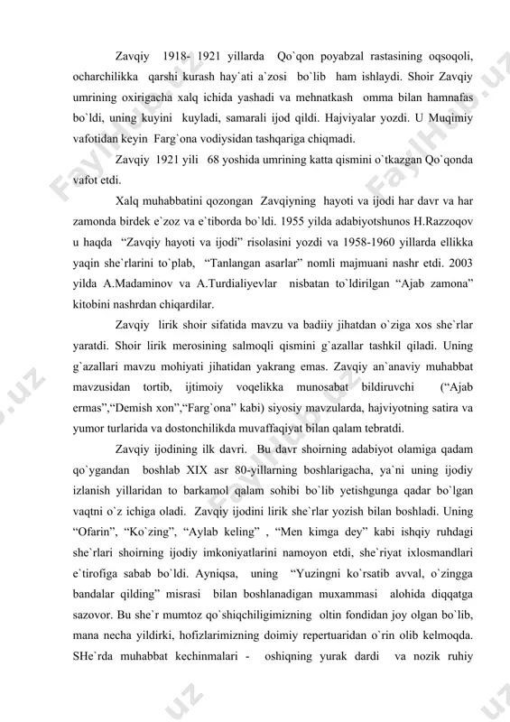 `tirofiga sabab bo`ldi. ayniqsa, uning “yuzingni ko`rsatib avval, o`zingga bandalar qilding” misrasi bilan boshlanadigan muxammasi alohida diqqatga sazovor. bu she`r mumtoz qo`shiqchiligimizning oltin fondidan joy olgan bo`lib, mana necha yildirki, hofizlarimizning doimiy repertuaridan o`rin olib kelmoqda. she`rda muhabbat kechinmalari - oshiqning yurak dardi va nozik ruhiy holatlarining tadrijiy tasviri berilgan. she`rning boshlanmasida mahbubaning “yuzini ko`rsatib” oshiqning qalbiga g`ulg`ula solgani, unga tabassum ila “jilvalar” qilib visol umidini tug`dirib va yana “sango man to qiyomat oshno» deya vafodorlik va`dasini berganligini san`atkorona ifodalarda beriladi. sadoqat va vafoli oshiqning his tuyg`ulari ehtiros bilan kuylanadi. soddadil oshiq dilbarining “kecha-kunduz men sening yoring bo`lurman, tikondek suhbatingda bir guli noring bo`lurman” deya bergan va`dalariga chin dildan ishonadi. u hayotdagina emas, muhabbatda ham ishonuvchan, oliyjanob. shoir oshiqning sevgidagi sadoqatiyu ma`shuqaning muhabbatda vafosiz va yolg`onchiligini juda ta`sirli qilib shoirona ehtiros ila ifodalaydi: menga mardumlar aydi: “berma ko`ngil bevafo yora, seni ovora aylar, ahdi yolg`ondur sitamkora, vafosi yo`q, ishonma so`ziga, …