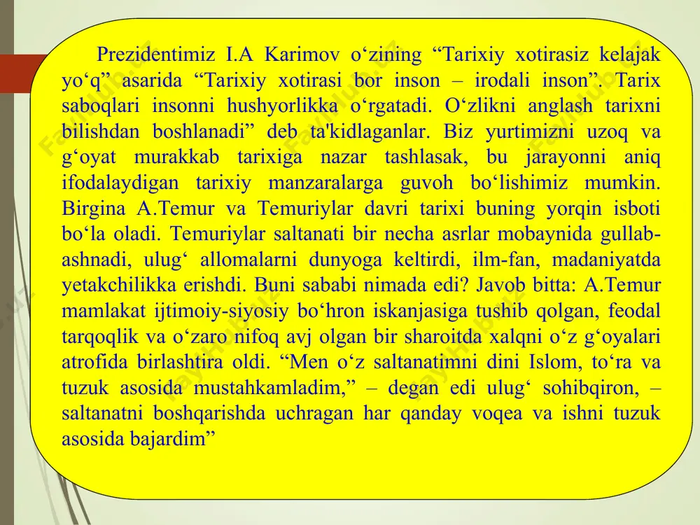 tushunishga qaratilgan muhim ahamiyatga ega bo‘lgan ijtimoiy jarayondir. bu jarayon boy mazmunga ega bo‘lib o‘ta murakkabdir. har bir millat doimo o‘zining milliy g‘oyasiga asoslangan g‘oya ham o‘zligini anglashga intilib yashaydi. biroq bunday intilish hamma vaqt ham doimo ham amalga oshavermayd, chunki u turli jamiyatdagi sharoitlarga va obektiv va subektiv omillarga bog‘liq bo‘ladi. shuning uchun ham millatlar bir-biridan, o‘zlarining mustaqil belgisi bo‘lgan milliy o‘zligini qay darajada anglaganligi bilan ham ancha farq qiladi. prezident islom karimov bu jarayonning mohiyati to‘g‘risida quyidagi fikrlarni bildirgan, ya'ni: «o‘zlikni anglash tarixni bilishdan boshlanadi». “biz, - deydi i.a. karimov. – haqqoniy tariximizni tiklashimiz, xalqimizni, millatimizni anna shu tarix bilan qurollantirishimiz zarur” va “o‘zlikni anglash deganda men tarixiy xotirani tiklash, nasl-nasabimiz kim ekanini, kimlarning vorisi ekanligimizni anglab yetishni, shundan kelib chiqib, o‘zimizga xos vam os jamiyat barpo etishni tushunaman”, deydi i.a. karimov. 2. milliy o‘z-o‘zini anglashning mezonlari. milliy o‘z-o‘zini anglashning o‘z mezonlari mavjud bo‘lib, ular asosan quyidagilardan iborat: …