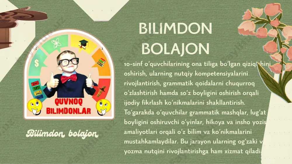 ichma-bosqich tushuntiradi, o‘quvchilarga har bir gapning tarkibini, o‘zagini va qo‘shimcha qismlarini aniqlashni o‘rgatadi. 2. grammatik tahlil o‘quvchilarga gapni grammatik jihatdan tahlil qilish, ya’ni egasi, kesimi, qo‘shimchalari va bog‘lovchilarini aniqlashni ko‘rsatish. misollar yordamida ko‘p marta mashq qilinadi. metodning maqsadi: o‘quvchilar faoliyatini kengaytirish metodining maqsadi sintaksisni o‘rgatishda o‘quvchilarni faollashtirish, ularning tahlil qilish ko‘nikmalarini rivojlantirish va mustaqil fikrlashni rag‘batlantirishdir. ushbu metod orqali o‘quvchilar murakkab gaplarni tahlil qilishda qatnashib, teoriya va amaliyot orqali bilimlarni mustahkamlashadi, kommunikatsiya va hamkorlik ko‘nikmalarini oshiradi. mdh davlatlari va horij darsliklarini tahlil qilish. (10-sinf ingliz tili) mantiqiy mavzu: " jamoaviy ish" mavzuning maqsadi: 1. o'quvchilar mavzuni tushunishi. 2. o'quvchilarda o'qib tushunish ko'maklarini shakllantirish. 3. tinglab tushunish ko'nikmalarini. o'quvchilarda shakillantiriliyotgan ko'nikmalar. 1. grammatik ko'nikmalar. 2. nutqiy ko'nikmalar. 3. sintaksis bog‘lanishlarni tushunish. 4. o'qish va tushunish ko'nikmalarini. materiallar: 1. grammatik qo'llanmalar. 2. savollar. 3. testlar. 4. krasvordlar. topshiriqlar mazmuni. grammatikani tahlil qilish (past simple) mazmuni: o‘quvchilarga bir nechta gaplar beriladi, ular bu …