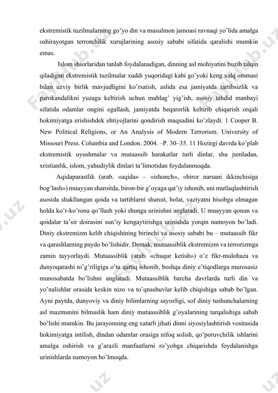 nmoqda. aqidaparastlik (arab. «aqida» – «ishonch», «biror narsani ikkinchisiga bog’lash») muayyan sharoitda, biron-bir g’oyaga qat’iy ishonib, uni mutlaqlashtirish asosida shakllangan qoida va tartiblarni sharoit, holat, vaziyatni hisobga olmagan holda ko’r-ko’rona qo’llash yoki shunga urinishni anglatadi. u muayyan qonun va qoidalar ta’sir doirasini sun’iy kengaytirishga urinishda yorqin namoyon bo’ladi. diniy ekstremizm kelib chiqishining birinchi va asosiy sababi bu – mutaassib fikr va qarashlarning paydo bo’lishidir. demak, mutaassiblik ekstremizm va terrorizmga zamin tayyorlaydi. mutaassiblik (arab. «chuqur ketish») o’z fikr-mulohaza va dunyoqarashi to’g’riligiga o’ta qattiq ishonib, boshqa diniy e’tiqodlarga murosasiz munosabatda bo’lishni anglatadi. mutaassiblik barcha davrlarda turli din va yo’nalishlar orasida keskin nizo va to’qnashuvlar kelib chiqishiga sabab bo’lgan. ayni paytda, dunyoviy va diniy bilimlarning sayozligi, sof diniy tushunchalarning asl mazmunini bilmaslik ham diniy mutaassiblik g’oyalarining tarqalishiga sabab bo’lishi mumkin. bu jarayonning eng xatarli jihati dinni siyosiylashtirish vositasida hokimiyatga intilish, dindan odamlar orasiga nifoq solish, qo’poruvchilik ishlarini amalga oshirish va g’arazli manfaatlarni ro’yobga …
