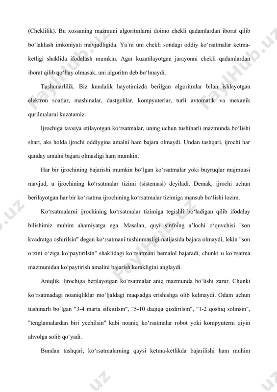 oritmi, uchburchakning qanday bo‘lishidan qat’iy nazar, uning yuzini hisoblab beraveradi. natijaviylik. har bir algoritm chekli sondagi qadamlardan so‘ng albatta natija berishi shart. bajariladigan amallar ko‘p bo‘lsa ham baribir natijaga olib kelishi kerak. chekli qadamdan so‘ng qo‘yilgan masala yechimga ega emasligini aniqlash ham natija hisoblanadi. agar ko‘rilayotgan jarayon cheksiz davom etib natija bermasa, uni algoritm deb atay olmaymiz. algoritmning tasvirlash usullari .yuqorida ko‘rilgan misollarda odatda biz masalani yechish algoritmini so‘zlar va matematik formulalar orqali ifodaladik. lekin algoritm boshqa ko‘rinishlarda ham berilishi mumkin. biz endi algoritmlarning eng ko‘p uchraydigan turlari bilan tanishamiz. algoritmning so‘zlar orqali ifodalanishi. bu usulda ijrochi uchun beriladigan har bir ko‘rsatma jumlalar, so‘zlar orqali buyruq shaklida beriladi. algoritmning formulalar bilan berilish usulidan matematika, fizika, kimyo kabi aniq fanlardagi formulalarni o‘rganishda foydalaniladi. bu usulni ba’zan analitik ifodalash deyiladi. 3. algoritmlarning grafik shaklida tasvirlanishida algoritmlar maxsus geometrik figuralar yordamida tasvirlanadi va bu grafik ko‘rinishi blok-sxema deyiladi. 4. algoritmning jadval ko‘rinishda berilishi. …