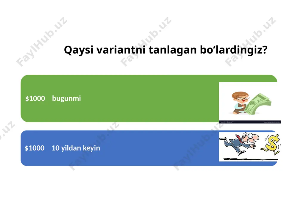 рента) perpetuity perpetuity- muntazam ravishda bir xil davrlar intervalida cheksiz davom etuvchi teng miqdordagi pul oqimlaridir. (masalan: ingliz hukumatining consol deb nomlangan obligatsiya turi.) vaqt chizig’i: perpetuity ning joriy qiymati formulasi: birinchi to’lav davr boshida emas davr oxiridan boshlanadi. yiliga $5 dan pul to’lovi to’lanadigan perpetuity hosil qilamiz: bankka $100 ni yiliga 5% dan omonatga qo’yamiz. har yili $5 ni olib ishlatamiz, va qolgan $100 ni yana omonatga qo’yamiz. buni cheksiz davom ettirishimiz mumkin. perpetuit ning joriy qiymatini topish formulasi masala: har yili bitiruvchilar uchun tashkillashtirilagan bir umrlik bazmga a’zo bo’lmoqchisiz. yiliga $30000 dan to’g’ri keladi. agar universitet mablag’larini yiliga 8% dan ko’paytirish imkoniyati bo’lsa, siz bazmga bir umrlik a’zo bo’lishingiz uchun bugun qancha miqdorda pul ajratishingiz kerak. berilgan masalada birinchi bazm bir yildan keyin boshlanar edi. agar bazmnig birinchisi ikki o’tib boshlansachi? vaqt chizi: bir yildan keying to’lanadigan to’lov bugungi to’lov: annuitet annuity annuitet- bir xil davr intervallari oralig’ida …
