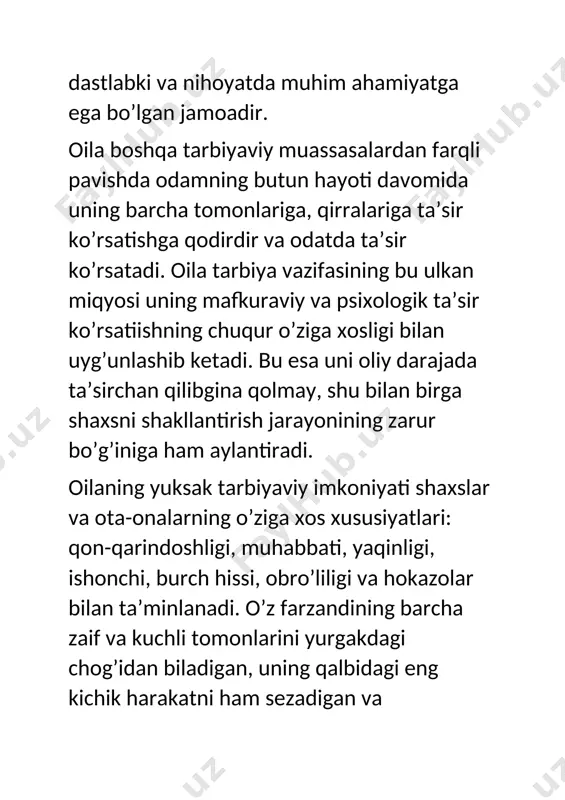 ’lishiga yordam bermaydi. 5. oilaviy tarbiyaning asosi sifatida taqiqlashlar sistemasi — ijobiy namuna asosida tarbiyalay bilmaslik, shaxs hayotini u har doim turli hatti-harakatni mashk kiladigan tarzda tashkil eta olmaslik natijasidir. bu sistema shaxsning kattalar xohishiga salbiy munosabatini tug’diradi, mustaqillikning rivojlanishini susaytiradi. 6. harakatlarning o’quv yurti bilan muvofiqlashtirilmaganligi yoki u bilan kelishmovchilik. tarbiyalanuvchida pedagogga, o’quv bilim yurtiga ishonchsizlik paydo bo’ladi va o’sib boradi, bu esa uning kamchiliklarini tuzatishni qiyilanshtiradi, pedagogik jihatdan qarovsizlik holatiga olib keladi. 7. ayrim ota-onalarning shaxslar ulg’ayib borishi bilan tarbiyaviy faollikni susaytirib yuborishlari, bu esa shaxslarning ota-onalardan uzoqlashuviga, o’quv bilim yurtiga qiziqishi pasayishiga va hokazolarga olib keladi. 8. qarorlar qabul qilishda kechikish. shaxs katta bo’lgandan keyin aqli kirib, tuzaladi deb o’ylash odatda o’zini oqlamaydi, ko’pincha qayta tarbiyalashni talab etadigan pedagogik jihatdan qarovsizlik holatiga olib keladi. ko’rsatib o’tilgan kamchiliklar qatoriga ota-onalarning tarbiya usullarini bilishlarini, shaxslar ulg’ayishi bilan ularni o’zgartirishni bilmaslik yoki istamaslik ota bilan onaning talablari birligining, pedagogik odob, …