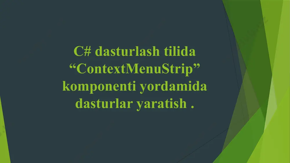 so’ng panel tashaymiz va unga ishga tushishi uchun panel 1 deb nom beramiz. rasm import qilamiz va ok tugmasi bosiladi. bayroq rasmini import qildik. contextmenustrip komponentiga davlat madhiyasi, davlat bayrog’i, davlat gerbi deb yozamiz. public form1() { initializecomponent(); panel1.visible = false; panel2.visible = false; richtextbox1.text = " assalomu aleykum hurmatli o'quvchi! "+ "ushbu dasturda o'zbekiston respublikasi davlat ramzlari haqida "+ "ma'lumot olishingiz mumkin. buning uchun sichqonchaning o'ng "+ "tugmasini bosing va contextmenustrip menyusidan ko'rsatilgan "+ "bo'limni tanlang!"; } private void toolstripmenuitem1_click(object sender, eventargs e) { panel1.visible = false; panel2.visible = false; richtextbox1.text = " oʻzbekiston respublikasining davlat madhiyasi " + "haqidagi qaror 1992-yilning 10-dekabrida oʻzbekiston respublikasining " + "yuqori kengashinig 11-chaqirigʻida qabul qilingan.\nushbu madhiya 1992-yildan " + "hozirgi paytgacha oʻzbekiston respublikasining madhiyasi hisoblanadi.\n" + "oʻzbekiston xalq shoiri abdulla oripov soʻzi, oʻzbekiston xalq bastakori " + "muttal burxonov musiqasi.\n\n"+ "serquyosh, hur oʻlkam, elga baxt, najot,\n" +……..} sichqonchaning o’ng tugmasi bosilib ma’lumotga …
