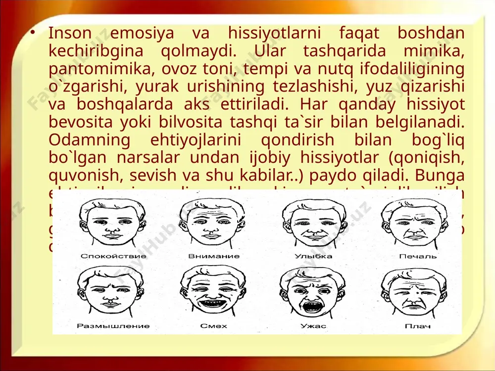 ror his-tuyg`ulardir. masalan, kishi fan, musiqa, sportga havas quyishi mumkin. kishilarda ularning psixik va jismoniy holatiga yomon ta`sir ko`rsatadigan havaslar ham bo`ladi. ular orasida ichkilikbozlikka, narkotiklarga (giyohvandlikka), qimor o`yinlariga hirs qo`yishni ko`rsatish mumkin. agar kishi o`zida ana shu havaslarni engish uchun iroda kuchini topa olmasa, ular uning sog`ligiga zarar etkazadi va hatto halokatga ham olib borishi mumkin. ayrim havaslar ancha barqaror bo`lib, uzoq davom etadi va kishini hayajonlantirib, nisbatan osoyishta o`tadi. lekin shunday his-tuyg`ular ham borki, ular kimda paydo bo`lmasa, uni ayniqsa, kuchli va chuqur larzaga keltiradi. psixologiyadagi bunday emosional holatlarni stressli (zo`r berish) holatlar deb atash qabul qilingan. stress - odamni kuchli, chuqur larzaga keltiradigan his-tuyg`ular oqibatidagi emosional holat. ular kuchli psixik zur berishlarda: xavf - xatar vaqtida, ortiqcha jismoniy va aqliy mehnat qilishda, faoliyatning juda qiyin va mas`uliyatli damlarida vujudga keladi. eng oddiy emosiyalar asosida shartsiz reflekslar , miya po`stlog`i ostida ruy beradigan jarayonlar yotadi. lekin miya po`stlog`i …