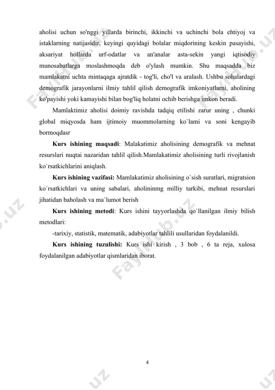 tayyorlashda qo`llanilgan ilmiy bilish metodlari: -tarixiy, statistik, matematik, adabiyotlar tahlili usullaridan foydalanildi. kurs ishining tuzulishi: kurs ishi kirish , 3 bob , 6 ta reja, xulosa foydalanilgan adabiyotlar qismlaridan iborat. i bob. o`zbekiston respublikasi aholisi ning o‘sish jarayoni 1.1. o`zbekiston respublikasining demografik rivojlanish tarixi oʻzbekiston aholisi soni 36 million kishidan oshgan boʻlib (2024-yil ), shahar aholisi 18 mlndan kishidan ortadi (2024-yil). oʻzbekistonda oʻrta osiyodagi jami aholining 1/3 qismidan koʻprogʻi yashaydi. oʻrta osiyo hududida yashagan ibtidoiy odamlarning qad. manzilgohlari quyi paleolit davriga to‘g‘ri keladi. jez davrida o‘zbekiston hududida chorvador va qisman dehqonchilik bilan shugʻullangan qabilalar yashagan. bu vaqtda ibtidoiy jamoa davri yemirilib, qabilalar oʻrtasida mulkiy munosabatlar vujudga keldi. eron shohi doro i ning behistun yozuvlarida oʻzbek xalqining qadimiy ajdodlari xorazmiylar, sug‘`iylar, saklar, baqtriyaliklar toʻgʻrisida maʼlumotlar berilgan. yunon va rim tarixchilari gerodot, strabon, arrian va ptolemey hozirgi oʻzbekiston hududida yashagan saklar haqida maʼlumotlar qoldirganlar. o‘zbeklarning alohida elat boʻlib shakllanishi uzoq yillar davomida …