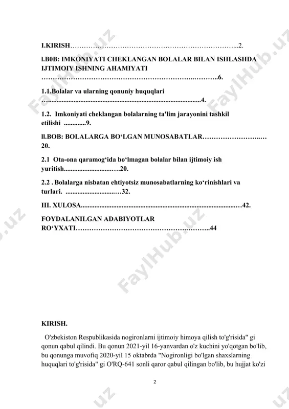 an. hujjatga ko'ra 2020-2025-yillarda xalq ta'limi tizimida inklyuziv ta'limni rivojlantirish konsepsiyasi va 2020-2021 yillarda uni amalga oshirish bo'yicha " yo'l xaritasi" tuzib chiqiladi. bu konsepsiya 2 bosqichda amalga oshirish rejalashtirilgan bo'lib, 1- bosqichda ( 2020-2022-yillar) inklyuziv ta'limni yo'lga qo'yish uchun shart-sharoitlar yaratish, bu bo'yicha mutaxassislarni tayyorlash, ijtimoiy, normativ bazani yaratish, jihozlash va zarur o'quv qurollari bilan maktablarni ta'minlash nazarda tutilgan. 2- bosqichda ( 2023-2025-yillar) inklyuziv ta'lim tizimini bosqichma-bosqich umumiy o'rta ta'lim muassasalarida joriy etish, bu bo'yicha chora - tadbirlarni amalga oshirish kabilar. inklyuziv ta'lim - bu maxsus ta'lim ehtiyojlari va individual imkoniyatlarning xilma - xilligini hisobga olgan holda barcha tahsil oluvchilar uchun ta'lim muassasalarida ta'lim olish imkoniyatini teng ravishda ta'minlashdir. ushbu qonun imkoniyati cheklangan bolalarga tengdoshlari bilan teng ravishda ta'lim olish imkonini beradi. inklyuziv ta'lim tizimi bosqichma -bosqich ayrim maktablarda sinov tariqasida yo'lga qo'yiladi va ijobiy natija va tajribalar keyinchalik respublikaning boshqa hududlaridagi maktablarida tadbiq etiladi. kurs ishi maqsadi. bolalarni …