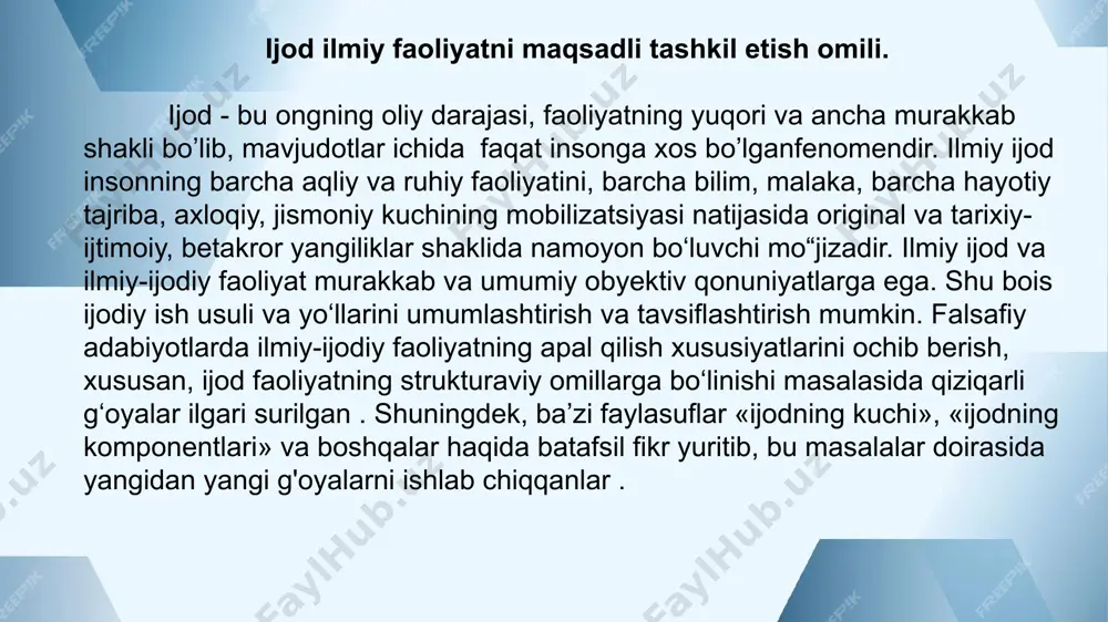 oni topishdagi zukkolik; yuqori ijodiy qobiliyat va motivatsion-ijodiy faollikning organik birligi; 6. oddiy hodisalar doirasidan chiquvchi; 7. mustaqillik, tavakkal qilishga moyillik; 8. olamdagi narsa va hodisalar; 9. o’z-o’zini shakllantirish. darhaqiqat, ilmiy ijod asosida inson yangi ilmiy yo‘nalishlar va yangi fanlari vujudga keltiribgina qolmasdan, balki yangi ilmiy bilimning noan’anaviy sohalariga asos soladi. ayni shu ma’noda, e.ya.basin fikricha, «ilmiy ijod shaxsning muhim belgisi - ratsional ko‘rish va faoliyatining namoyon bo‘lish shaklidir. bu shunchaki hissiy qabul qilish yoki intellektual faoliyat emas, balki dunyoni shunday ko‘rishki, unda hissiyotlar, aql, tuyg‘ular uzviy jihatdan uyg‘unlashgan tarzda aks etadi» v.a.kovalenko esa, «ilmiy ijod inson ruhiy faoliyatining ongsizlik xossa va sifatlarini namoyon bo‘lishidir» deb hisoblaydi. bu masalaga s.lbugrova yanada chuqurroq yondashadi. uning fikricha, «ilmiy ijod insonning bevosita hayotiy faoliyati bilan bog‘liq bo‘lib, unga ko'proq obyektivlik hamda tizimlilik xosdir» . ayni shu ma’noda, biz ilmiy ijodni dunyoni butun insoniy borliq bilan zabt etish, unga nisbatan o‘zgacha ochiqlik va xolislik …