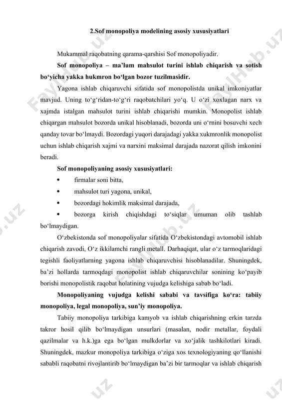 vlatning nazorati va boshqaruviga bo‘ysunadilar. o‘zbekistonda tabiiy monopoliyalar sifatida «o‘zbekiston havo yo‘llari» dak, «o‘zbekiston temir yo‘llari» dak, “o‘zbekneftegaz” holding kompaniyasi, “o‘zbekenergiya” dak misol keltirish mumkin. tabiiy monopoliya – korxonaning texnologik xususiyatlari sababli mahsulotga bo‘lgan talabni qondirish, raqobat mavjud bo‘lmagan sharoitda samaraliroq amalga oshiriluvchi tovar bozorining holati. bunday samaradorlik ishlab chiqarish hajmining ko‘payib borishi bilan tovar birligiga to‘g‘ri keluvchi xo‘jalik xarajatlarining ahamiyatli darajada pasayib borishida namoyon bo‘ladi. shu bilan birga, tabiiy monopoliya subyektlari tomonidan ishlab chiqarilgan mahsulotlar iste’molini boshqa turdagi mahsulotlar bilan almashtirib bo‘lmaydi. legal (qonuniy) monopoliya – bu qonuniy tarzda tashkil etiluvchi monopolistik holat. ular tarkibiga raqobatdan himoya qiluvchi quyidagi monopoliya shakllarini kiritish mumkin: 1) patent tizimi – bu ixtirochi va mualliflar tomonidan yaratilgan ixtirolar, foydali modellar, sanoat namunalarini tasdiqlovchi hamda ularga mutlaq huquqni taqdim etish tizimi. bu jarayon maxsus guvohnomalar – patentlar orqali amalga oshiriladi; 2) mualliflik huquqi – ilmiy, badiiy va san’at asarlari, ijro san’ati fonogrammalari, ko‘rsatuvlar, efir …