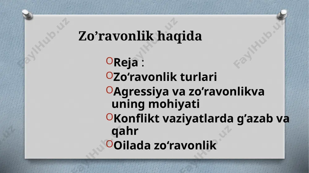 n ta’minlanishga bo‘lgan huquqini, mulk huquqini, ta’lim olish hamda mehnatga oid huquqini amalga oshirishni cheklashga olib keladigan harakat (harakatsizlik); ish joyi — o‘zi bilan tuzilgan shartnomaga muvofiq mehnat majburiyatlarini amalga oshirish yoki xizmat vazifalarini bajarish uchun bo‘lishi yoki borishi lozim bo‘lgan, ish beruvchi tomonidan bevosita yoki bilvosita nazorat qilinadigan joy; ruhiy zo‘ravonlik — xotin-qizlarni haqoratlash, ularga tuhmat qilish, tahdid qilish, ularning sha’nini, qadr-qimmatini kamsitish, shuningdek ularning xohish-irodasini cheklashga qaratilgan boshqa harakatlarda ifodalanadigan zo‘ravonlik shakli, shu jumladan reproduktiv sohada nazorat qilish, tazyiq va zo‘ravonlikdan jabrlanuvchida o‘z xavfsizligi uchun xavotir uyg‘otgan, o‘zini himoya qila olmaslikka olib kelgan yoki ruhiy sog‘lig‘iga zarar etkazgan harakat (harakatsizlik); tazyiq — sodir etilganligi uchun ma’muriy yoki jinoiy javobgarlik nazarda tutilmagan, xotin-qizlarning sha’ni va qadr-qimmatini kamsitadigan harakat (harakatsizlik), shilqimlik; tazyiq va zo‘ravonlikdan jabrlanuvchi — o‘ziga nisbatan tazyiq va zo‘ravonlik sodir etilishi tahdidi ostida bo‘lgan yoki tazyiq va zo‘ravonlik natijasida jabrlangan ayol jinsidagi shaxs; tazyiq va zo‘ravonlikning oldini olish …