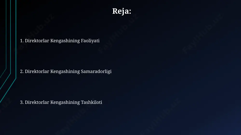 iga muvofiq, korporativ boshqaruvning samaradorligini pasaytirishi mumkin. kengash a’zolarining malaka oshirish dasturlari, masalan, aqshdagi 3 oylik kurslar, ularning javobgarlik darajasini oshirishga yordam beradi. mojaro va manfa'atlar to’qnashuvi 2022-yilda o‘zbekiston respublikasi kompaniyalarining 30% dan ortig‘ida manfaatlar to‘qnashuvi holatlari qayd etilgan bo‘lib, bu korxonalarning moliyaviy ko‘rsatkichlariga salbiy ta’sir ko‘rsatgan. toshkent shahridagi yirik banklarning 5 dan ortiq direktorlar kengashi a’zosi, manfaatlar to‘qnashuvi siyosatiga rioya qilmaganligi sababli, 2023-yilda intizomiy javobgarlikka tortilgan. xavflarni boshqarish va audit тошкентдаги 2022 йилги тадқиқот, 50 та йирик компаниянинг кузатув кенгашларида хавфларни бошқариш бўйича ички аудиторларнинг ролини 30% га оширишни тавсия қилган. ўзбекистон республикасининг 12-моддасига асосан, жавобгарликни аниқлаш ва хавфларни бошқариш бўйича йиллик ҳисоботларни тақдим этиш компаниялар учун мажбурийдир. muvofiqlik va ochiqlik toshkent shahrida joylashgan “samarqand invest” kompaniyasining direktorlar kengashi, 3 ta mustaqil direktorni o‘z ichiga olgan holda, muvofiqlik va ochiqlik standartlariga rioya qilish bo‘yicha 85 balldan yuqori baholandi. qoraqalpog‘iston respublikasidagi 7 ta korxona o‘z faoliyatida muvofiqlik va ochiqlik tamoyillarini …
