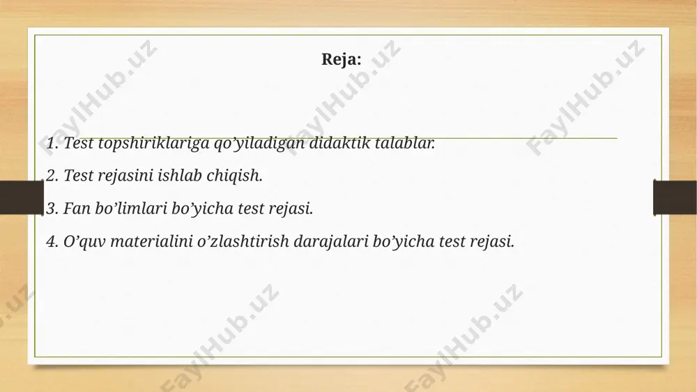 shuntira olish qobiliyatlarini ko’rsatadi. 3. ilmiy aniqlik. testga mushohada, bilim orqali asoslash mumkin bo’lgan haqqoniy ma’lumotlar kiritiladi. fandagi munozarali qarashlarni test savollariga kiritish tavsiya etilmaydi. test topshiriqlari tabiati asosan, avvaldan ma’lum, aniq javob berishni taqozo etadi. 4. izchillik. testdagi topshiriqlar ma’lum bir fanga taaluqli, umumiy bilim mohiyatiga ko’ra o’zaro bog’liq bo’lishi lozim. izchillik ayni bir topshiriq javobini umumiy test natijalariga nisbatan munosabatida (korrelyativ) ko’rinadi. 5. to’kislik va uyg’unlik. testdagi topshiriqlarning umumiy soni mavzu va qismlarga nisbatan muvofiq taqsimlanishi ahamiyatli. bu talab test rejasini ishlab chiqishda amalga oshirilishi lozim. o’zlashtirish darajasiga ko’ra tabaqalanganligi. o’quv materialining ma’lum bir tarkibiy qismiga oid o’zlashtirish darajasi turlicha (bilish, eslab qolganini tasvirlash, samarador bilimlar va ijodiy fikrlash) bo’lgan test topshiriqlarini tuzish lozim. bu talab ham test rejasini ishlab chiqishda amalga oshirilishi lozim. bilish darajasidagi test topshiriqlari avval o’zlashtirib olingan ma’lumotlarni qayta tiklashga asoslanadi. bunda xotira quvvati katta ahamiyatga ega bo’ladi. reproduktiv darajadagi testlarda esa, talaba oldin …