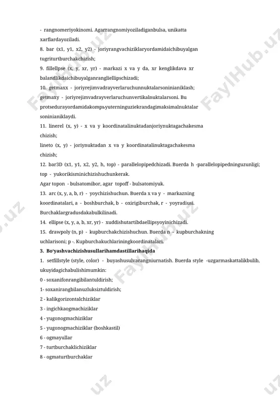 natadaginuktaningranginianiklaydi; 3. line (x1, y1, x2, y2) - x1 va y1 koordinatadaginuktadan x2 va y2 koordinatadaginuktagachakesmachizish; 4. circle (x, y, r) - markazi x va y koordinatadavaradiusi r bulgan aylanachizish; 5. rectangle (x1, y1, x2, y2) - yukorichapnuktasi x1 va y1 koordinatada, ungpastkinuktasi x2 va y2 koordinatadabulgantugriturtburchakni chizish; 6. setbkcolor (color) - orkafongarangberish; 7. setcolor (color) - chizishranginiurnatish (ranglikalam); buerda color - rangnomeriyokinomi. agarrangnomiyoziladiganbulsa, unikatta xarflardayoziladi. 8. bar (x1, y1, x2, y2) - joriyrangvachiziklaryordamidaichibuyalgan tugriturtburchakchizish; 9. fillellpse (x, y, xr, yr) - markazi x va y da, xr kenglikdava xr balandlikdaichibuyalganrangliellipschizadi; 10. getmaxx - joriyrejimvadrayverlaruchunnuktalarsoninianiklash; getmaxy - joriyrejimvadrayverlaruchunvertikalnuktalarsoni. bu protsedurayordamidakompьyuterninguziekrandagimaksimalnuktalar soninianiklaydi. 11. linerel (x, y) - x va y koordinatalinuktadanjoriynuktagachakesma chizish; lineto (x, y) - joriynuktadan x va y koordinatalinuktagachakesma chizish; 12. bar3d (x1, y1, x2, y2, h, top) - parallelopipedchizadi. buerda h -parallelopipedninguzunligi; top - yukorikisminichizishuchunkerak. agar topon - bulsatomibor, agar topoff - bulsatomiyuk. 13. arc (x, y, a, …
