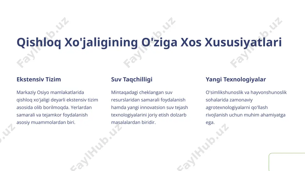 r mahsuldorligi yuqori, sifatli hayvon zotlarini yetishtirish va bog'lash. kasalliklar o'simlik va hayvon kasalliklariga qarshi kurashish, biotexnologiyalarni qo'llash. mexanizatsiya qishloq xo'jaligida mexanik vositalardan foydalanish, agrotexnikani rivojlantirish. 5 agrotexnologiyalarni qo'llash va rivojlantirish precizion qishloq xo'jaligi yangi texnologiyalar va raqamli yechimlarni qo'llash, o'simliklarni individual boshqarish. energiya samaradorligi qishloq xo'jaligida energiya resurslaridan tejamkor va ekologik toza foydalanish. qishloq xo'jaligi mexanizatsiyasi qishloq xo'jalik ishlarini mexanizatsiyalash va avtomatlashtirish. 6 qishloq xo'jaligi mahsulotlarining eksport salohiyati 1 mahsulotlar sifati qishloq xo'jaligi mahsulotlarining yuqori sifatga ega bo'lishini ta'minlash. 2 logistika qishloq xo'jaligi mahsulotlarini olib chiqish uchun samarali logistika tizimlarini yaratish. 3 sertifikatsiya xalqaro standartlarga mos keladigan sertifikatsiya tizimlarini joriy etish. 7 markaziy osiyo qishloq xo'jaligini rivojlantirish strategiyasi suv resurslarini boshqarish ekin maydonlarini optimallash agrotexnologiyalarni modernizatsiya qilish qishloq xo'jalik mahsulotlarini eksport qilish yangi o'simlik navlarini seleksiya qilish hayvon zotlarini yaxshilash 8 image1.png image2.png image3.png image4.png image5.png image6.png image7.png image8.png image9.png image10.png image11.png image12.png image13.png image14.png image15.png image16.png