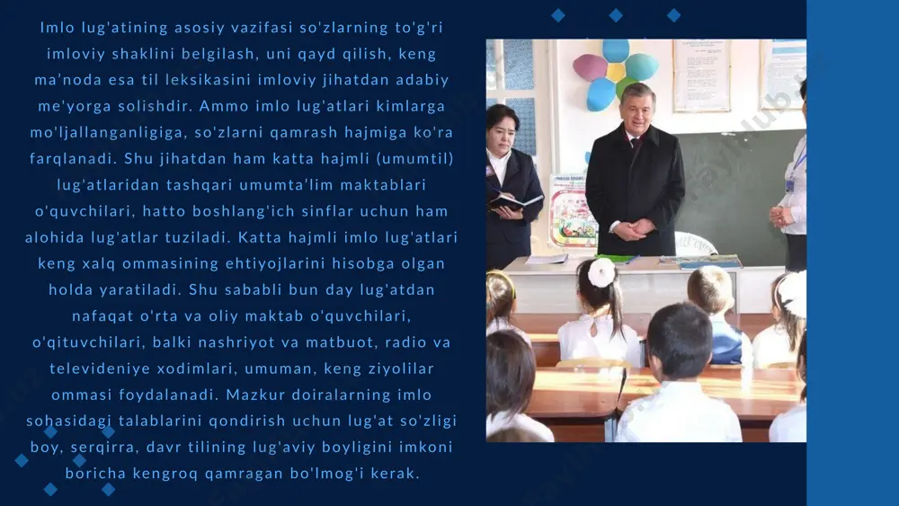aganligidan yozuv amaliyotiga singmaydi; uchinchidan, tilning ma’lum davr rivojida yangi imloviy hodisalar, holatlar, imloviy an’analar paydo bo'ladi va ular imlo qoidalarini qayta ko'rib chiqishni, uni takomillashtirishni talab qiladi. bularning barchasi, shubhasiz, tuziladigan imlo lug'atlarining saviyasiga ham ta’sir qiladi. ma’lumki, imlo lug'atlari tilning qabul qilingan joriy imlo qoidalari talablariga amal qilgan holda tuziladi. imlo qoidalari imlo lug'atining ilmiy-nazariy asosidir. binobarin, qabul qilingan imlo qoidalari ilmiy jihatdan asosli, amaliy jihatdan qulay, iloji boricha pishiq-puxta bo'lmog'i kerak. ammo har qanday imlo qoidalari ham ideal darajada mukammal bo'lolmaydi. imlo qoidalarining talab va muammolari haqida gap borganda yana bir masalaga to'xtalish o'rinlidir. b u - qoidalarning sodda, tushunarli, jo'yali, esda yaxshi saqlanadigan bo'lishi masalasidir. imlo qoidasini tuzgan- da maktab o'quvchisining saviyasi va bilim darajasi ham ko'zda tutilishi kerak. shu sababli imlo qoidalarini ilmiy-nazariy fikrlarning ifodasi tarzida emas, har bir so'zshaklda ko'zga aniq tashlanib turadigan belgi, esda saqlash oson bo'lgan biror tipik xususiyat, tipik lisoniy modellar …