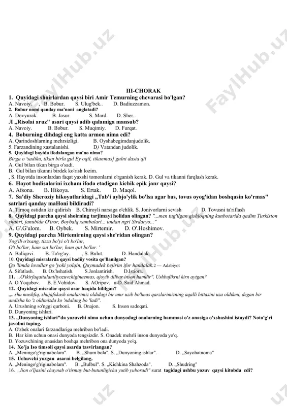 „yurak", „mehrim" d. „quyosh bilan suhbat", „atlas" 20. dengiz oyna kabi yaltirar, to'lqinlarga suqim oqadi" misralarida qaysi tasviriy- badiiy vosita qo'ilanilgan? a. o'xshatish b. sifatlash s. jonlantirish d. metafora 21. andersen qachon qayirda tug`ulgan? 22) “bulbul” ertagida qaysi mamlakat fuqorolari tasvirlangan? 23) “ o`tkan kunlar “, “ mehrobdan chayon” romanlarining muallifi kim? 24) g`. g`ulomning ikkinchi jahon vaqtida yozgan sheriy asarlari qaysi ? 25) g`. g`ulomning “ mening o`g`rigina bolam’’ hikoyasidagi roqiyabibining yoshi qanchada edi? s 1 2 3 4 5 6 7 8 9 10 11 12 13 14 15 16 17 18 19 20 j d s a a s b b b d b d b d s a s b d a a 21) andersen 1805-yil 2-aprelda danyaning odens shahrida tug`ilgan. 22) ertakda chin-mochin degan mamlakatning imperatori, xitoy fuqorolari tasvirlangan. 23) abdulla qodiriy yozgan 24) “ kuzatish”, “ sen yetim emassan”, “sog`inish”. 25) o`zini zo`rg`a eplaydigan …