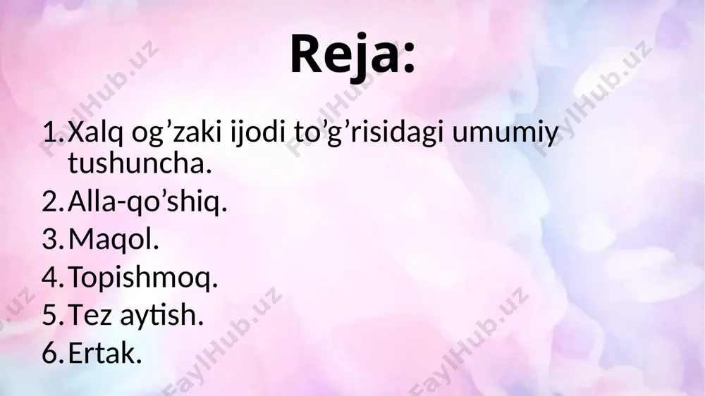 , kasb-hunar egasi bo’lishga («yigitkishiga qirq hunar ham oz»), ahil bo’lib mеhnat qilishga («ko’pchilik qo’lda unum ko’p»), to’g’ri so’z va halol kishilar bo’lib kamol topishga («egri ozadi, to’g’ri o’zadi»), yaxshi odob va oliyjanob xulqli bo’lishga («odob bozorda sotilmas», «yalqovlikning oxiri- xo’rlik») chaqiriladi. topishmoqlar topishmoqlar xalq og’zaki ijodining bolalrni o’ylashga, topqirlikka o’rgatuvchi qadimiy janrlardan biridir. har bir topishmoq zamirida «kim?», «nima?» so’roqlariga yashirin javob yotadi. xar bir topishmoq uni yaratgan xalqning hayoti, urf-odati , o’ziga xos rasm rusumlari bilan bog’liq holda bo’lib, bolalar o’rtasida kеng tarqalgan. tеz aytishlar tеz aytishlar og’zaki nutq mashqi bo’lib, kichik yoshdagi bolalar ma'lum tovushlarni to’g’ri va ohangdor talaffuz qilish ko’nikmalarini orttiradi. bu janrga mansub asarlar bolalarni biyron so’zlashga o’rgatish bilan birga, ularga estеtik zavq bеradi, fikrlash qobilyatini o’stiradi, xotiralarni mustahkamlaydi. tog’ning tepasida toshlar tovlanib turibdimi, toshlar tog’ning tepasida tovlanib turibdimi? sodiq stadionga soat sakkizda bordimi, stadionga sodiq soat sakkizda bordimi? shovullagan shamol shiddatini shoshirdi, shamol shiddatini …