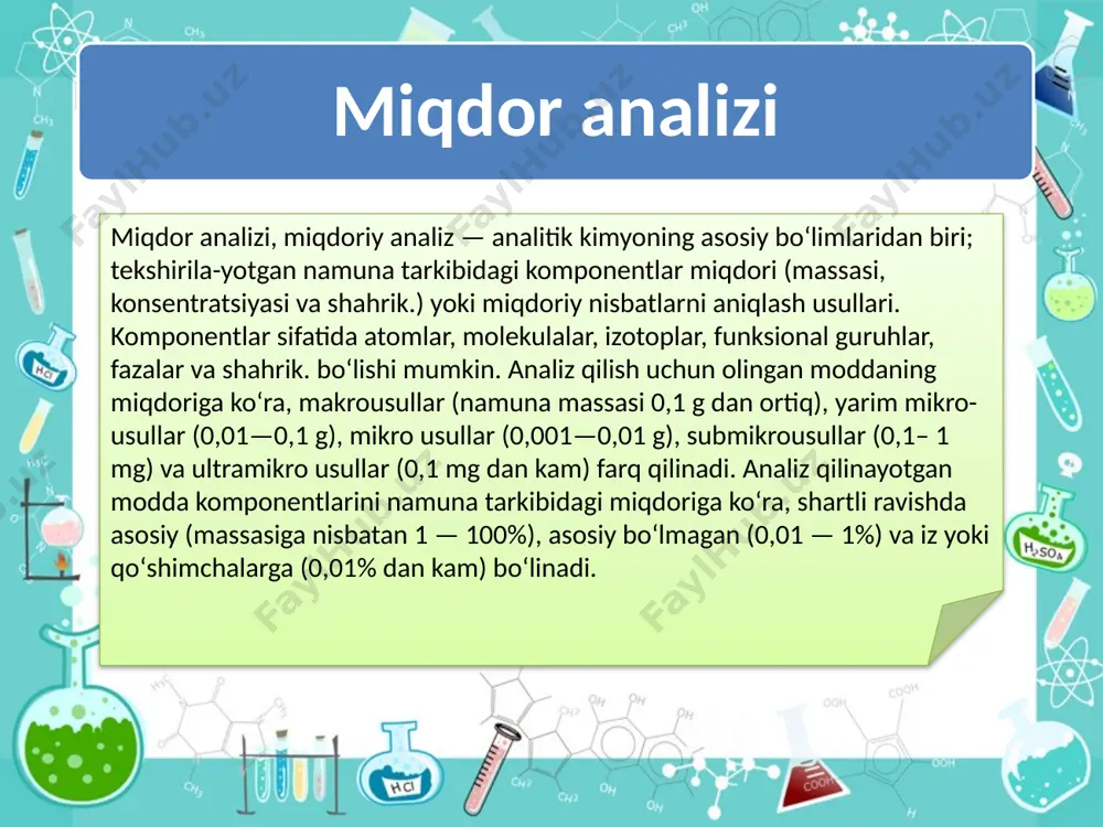 linadi. gravimetrik (tortma) tahlil. titrimetrik tahlil. gaz tahlili. kimyoviy termodinamika. termokimyo. kalorimetrlar. kalorimetrik o'lchashlar. kimyoviy termodinamikaning muhim yoʻnalishlaridan biri termokimyoviy va fazaviy muvozanatlar, eritmalar, jumladan, elektrolit eritmalar, elektrod jarayonlari nazariyasi, moddalar yuzasida roʻy beradigan hodisalar termodinamikasi va boshqalarni oʻrganadi. termodinamikaning uchta asosiy qonuni mavjud. birinchi qonuni termokimyoning asosi boʻlib, termokimyoning asosiy qonuni — gess qonuni uning muhim davomidir. termodinamikaning ikkinchi qonuni kimyoviy muvozanatlar xaqidagi taʼlimotdir. kimyoviy muvozanatlarni hisoblashda termodinamikaning uchinchi qonuni va oʻnga bogʻliq boʻlgan plank (nemis fizigi) pastuloti katta ahamiyatga ega kolorimetriya nima? kolorimetriya ("issiqlikni o'lchash"demakdir) termokimyoning asosiy tajriba usuli hisoblanadi.u kimyoviy,kizik yoki biologik jarayonlarda ajraladigan yoki yutiladigan issiqlik energiyasi miqdorini aniq o'lchash uchun mo'ljal-langan.olingan natijalar kimyoviy tajribalarni o'tkaz-may turib,qaytar reaksiyalarda hosil bo'ladi-gan muvozanatdagi aralash malar tarkibini hisoblashga imkon beradi.o'lchash kolo-rimetr deb ataluvchi max-. sus asboblarda olib boriladi. termokimyo — kimyoviy termodinamikaning bir boʻlimi. kimyoviy reaksiyalar jarayonida issiklik effektini oʻlchash yoki hisoblash, moddaning agregat holati oʻzgarishi bilan bogʻliq fizikkimyoviy …