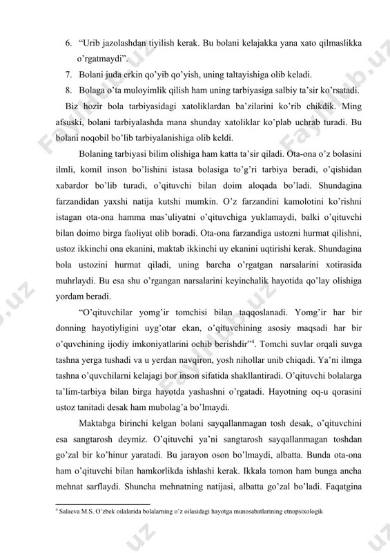 di. biz hozir bola tarbiyasidagi xatoliklardan ba’zilarini ko’rib chikdik. ming afsuski, bolani tarbiyalashda mana shunday xatoliklar ko’plab uchrab turadi. bu bolani noqobil bo’lib tarbiyalanishiga olib keldi. bolaning tarbiyasi bilim olishiga ham katta ta’sir qiladi. ota-ona o’z bolasini ilmli, komil inson bo’lishini istasa bolasiga to’g’ri tarbiya beradi, o’qishidan xabardor bo’lib turadi, o’qituvchi bilan doim aloqada bo’ladi. shundagina farzandidan yaxshi natija kutshi mumkin. o’z farzandini kamolotini ko’rishni istagan ota-ona hamma mas’uliyatni o’qituvchiga yuklamaydi, balki o’qituvchi bilan doimo birga faoliyat olib boradi. ota-ona farzandiga ustozni hurmat qilishni, ustoz ikkinchi ona ekanini, maktab ikkinchi uy ekanini uqtirishi kerak. shundagina bola ustozini hurmat qiladi, uning barcha o’rgatgan narsalarini xotirasida muhrlaydi. bu esa shu o’rgangan narsalarini keyinchalik hayotida qo’lay olishiga yordam beradi. “o’qituvchilar yomg’ir tomchisi bilan taqqoslanadi. yomg’ir har bir donning hayotiyligini uyg’otar ekan, o’qituvchining asosiy maqsadi har bir o’quvchining ijodiy imkoniyatlarini ochib berishdir” . tomchi suvlar orqali suvga tashna yerga tushadi va u yerdan navqiron, …