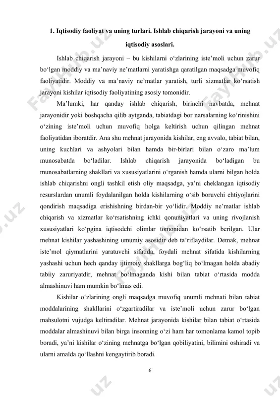 lab chiqarish nomoddiy ishlab chiqarish nomoddiy ne’matlarni ishlab chiqarish nomoddiy xizmatlar ko’rsatish moddiy xizmatlar ko’rsatish moddiy ne’matlarni ishlab chiqarish o’z navbatida moddiy ishlab chiqarish sohasi moddiy ne’matlarni ishlab chiqarish (masalan, avtomobil, oziq-ovqat mahsulotlari, kiyim-kechaklar va h.k.) va moddiy xizmatlar ko’rsatish (transport, aloqa, savdo, maishiy xizmat va boshqalar)dan iborat bo’ladi. nomoddiy ishlab chiqarish sohasi ham nomoddiy ne’matlarni ishlab chiqarish (masalan, musiqa asarlari, badiiy va ilmiy asarlar, ixtiro va kashfiyotlar) va nomoddiy xizmatlar ko’rsatish (huquqiy maslahatlar berish, o’qitish, malaka oshirish va boshqalar)ga ajraladi. bu sohalar bir-biri bilan chambarchas bog’langan holda rivojlanadi va bir-biriga ta’sir ko’rsatadi. moddiy ishlab chiqarish sohalarida (sanoat, qishloq xo‘jaligi, qurilish va boshqalar) zaruriy moddiy ne’matlar yaratiladi, xizmat ko‘rsatish sohalarida esa turli xil ma’naviy ne’matlar yaratiladi va xizmatlar ko‘rsatiladi. bu ikki soha bir-biri bilan chambarchas bog‘langan holda rivojlanadi va bir-biriga ta’sir ko‘rsatadi. moddiy ishlab chiqarish sohasi o‘z navbatida ikki bo‘linmadan — birinchi va ikkinchi bo‘linmalardan iborat bo‘ladi. birinchi bo‘linmada ishlab …