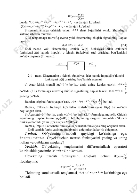 ning differensial tenglamasi 1. 16. 2. 17. 3. 18. 4. 19. 5. 20. 6. 21. 7. 22. 8. 23. 9. 24. 10. 25. 11. 26. 12. 27. 13. 28. 14. 29. 15. 30. 2-misol. rc zanjiri berilgan bo‘lsin (1-rasm). ushbu zanjirning uzatish funksiyasi ni toping. yechish: embed equation.3 , , , , , bu yerda, – vaqt doimiyligi. 3-misol. zanjiri berilgan bo‘lsin (2-rasm). ushbu zanjirning uzatish funksiyasi ni toping. yechish: embed equation.3 , , , , bu yerda, – vaqt doimiyligi. 2-topshiriq: 1. w(p) uzatish funksiyasini aniqlang. r1=1kom r2=5kom c=10 mkf 2. w(p) uzatish funksiyasini aniqlang r=2kom c=50 mkf 3. w(p) uzatish funksiyasini aniqlang r=10kom l=5gn 4. w(p) uzatish funksiyasini aniqlang r1=5kom r2=10kom c=50mkf 5. w(p) uzatish funksiyasini aniqlang r1=2kom r2=6kom c=10 mkf 6. w(p) uzatish funksiyasini aniqlang r1=10kom r2= 5kom c1=1 mkf c2=10mkf 7. w(p) uzatish funksiyasini aniqlang r=10kom l=50gn 8. w(p) uzatish funksiyasini aniqlang r=5kom c=1 mkf 9. …