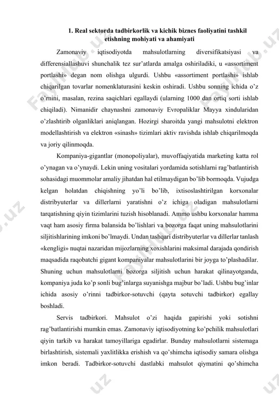 nlarga suyanishga majbur bo’ladi. ushbu bug’inlar ichida asosiy o’rinni tadbirkor-sotuvchi (qayta sotuvchi tadbirkor) egallay boshladi. servis tadbirkori. mahsulot o’zi haqida gapirishi yoki sotishni rag’batlantirishi mumkin emas. zamonaviy iqtisodiyotning ko’pchilik mahsulotlari qiyin tarkib va harakat tamoyillariga egadirlar. bunday mahsulotlarni sistemaga birlashtirish, sistemali yaxlitlikka erishish va qo’shimcha iqtisodiy samara olishga imkon beradi. tadbirkor-sotuvchi dastlabki mahsulot qiymatini qo’shimcha oshiradi va uning asosida (masalan blok modullar) konkret foydalanuvchi uchun konkret sistemani quradi. shu bilan birga servis tadbirkori o’z malakasi orqali, buyurtmachiga noyob xizmatlar ko’rsata borib, bir firma mahsulotlariga bog’lanib qolmaydi. uning o’z kelgusi sistema uchun, hatto bir nusxadagi alohida blok modullarini yaratishi va ishlab chiqarishga buyurtma berishi mumkin. shu narsani ta’kidlash lozimki, marketingda har qanday tovarga joylashgan xizmat sifatida qaraladi. iste’molchi tovarni unga egalik qilish maqsadida emas, balki undan samarali foydalanish maqsadida harid qiladi. lekin zamonaviy qiyin mahsulotdan turlicha foydalanish mumkin. real sektorda servis tadbirkori o’z faoliyatini ushbu kelishmovchiliklarni bartaraf etishga qaratishi lozim. ya’ni …
