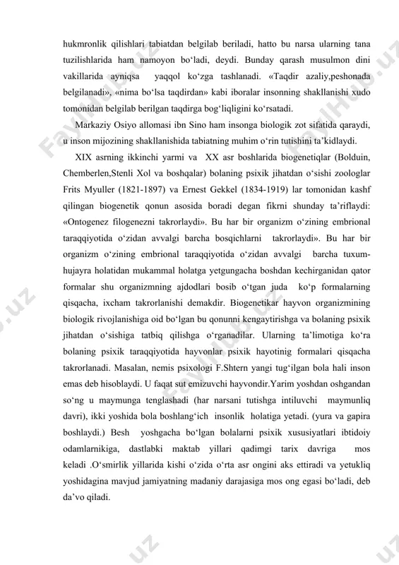 yoshgacha bo‘lgan bolalarni psixik xususiyatlari ibtidoiy odamlarnikiga, dastlabki maktab yillari qadimgi tarix davriga mos keladi .o‘smirlik yillarida kishi o‘zida o‘rta asr ongini aks ettiradi va yetukliq yoshidagina mavjud jamiyatning madaniy darajasiga mos ong egasi bo‘ladi, deb da’vo qiladi. shunday qilib shtern ta’limoticha ,kishi faqat yetukliq yoshida 17-18 yoshlaridagina mavjud jamiyatning a’zosi bo‘la oladi. asrimizning boshlarida aqshdagi pragmatik filosof djon dyui (1856-1952) va psixolog edvar l.i.torndayq (1874-1949)biologizatorlar g‘oyalarini tasdiqlaydilar. ular ham insonning barcha sifatlari hatto ongi va aqliy qobiliyatlari ham nasldan naslga o‘tadi. aqliy qobiliyat insonga tabiyatdan beriladi , ya’ni qo‘z,tish, panjalar kabi deb ko‘rsatiladi. bunday g‘oyalar asosida bolalardagi tug‘ma irsiy sifatlar va qobiliyatlarni aniqlashga erishish uchun chet ellarda , jumladan aqshda xx asr boshlarida pedagogika fani vujudga keldi. 20-yilardan boshlab pedologiya sobiq sssr ga ham kirib keldi. ular insonning barcha sifatlari irsiyat orqali beriladi degan g‘oyaga asoslanib bolalardagi bilim, qobiliyatlarning rivojlanishi qanday kechishini aniqlay boshladilar. buning uchun turli testlarni ishlab …