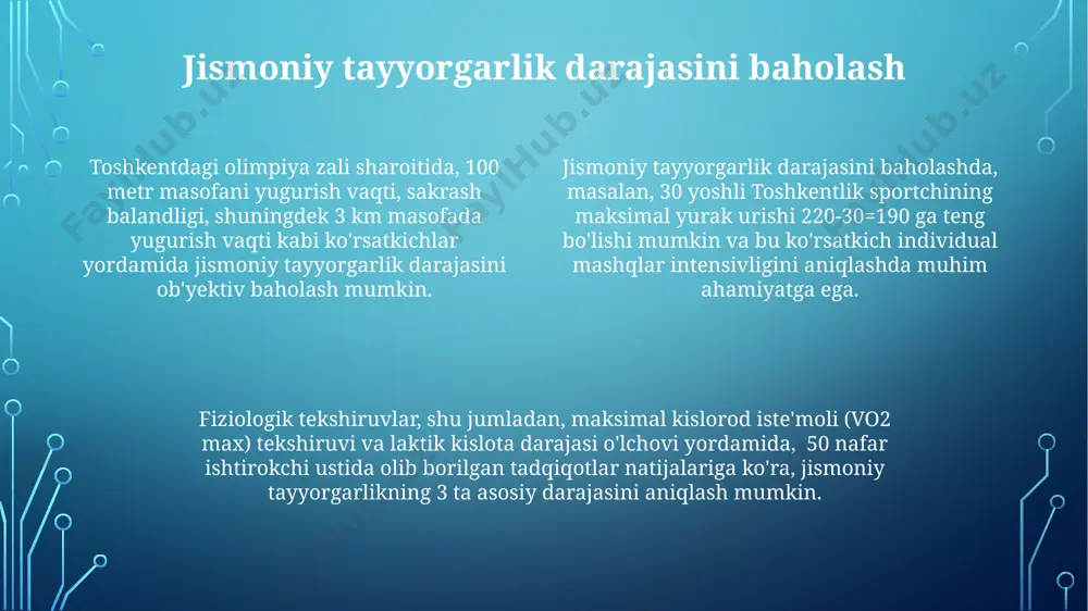 dagi sport zallarida mavjud bo'lgan uskunalar yordamida tanlash kerak. mashqlarni tanlashda harakat traektoriyasi va biomexanikasi muhim. masalan, 2 ta turli mashqlarni (skameykada press, shtanga bilan o'tirish) taqqoslashda, 3 o'lchovli harakat tahlili yordamida to'g'ri texnikani amalga oshirishni osonlashtiradiganini aniqlash mumkin. dam olish va tiklanish mashqlarni tanlashda, toshkentdagi 30 yoshdan oshgan sportchilar uchun 12 takrorlashdan iborat kuch mashqlari, mushaklarning toʻliq tiklanishi uchun kamida 48 soat dam olishni talab qiladi. samarqandda oʻtkazilgan tadqiqotlar shuni koʻrsatdiki, yuqori intensivlikdagi mashqlardan keyin 2-3 kun ichida mushaklarning toʻliq tiklanishi kuzatiladi, bu esa keyingi mashgʻulotlar uchun muhim ahamiyat kasb etadi. fargʻona vodiysida yashovchi 25-35 yoshli sportchilar uchun eng samarali dam olish rejimi, har 72 soatda 1-2 kun dam olish va faol tiklanish usullarini (massaj, choʻzish) qoʻllashdan iborat boʻlib, bu mushaklarning 90% tiklanishini taʼminlaydi. mashqlarni tanlashda maqsadlar o'zbekistonning turli mintaqalaridagi (toshkent, andijon) sport zallarida mavjud jihozlarni inobatga olgan holda, 2-3 ta turli xil mashqlarni tanlash, har bir mashqni 10-15 …