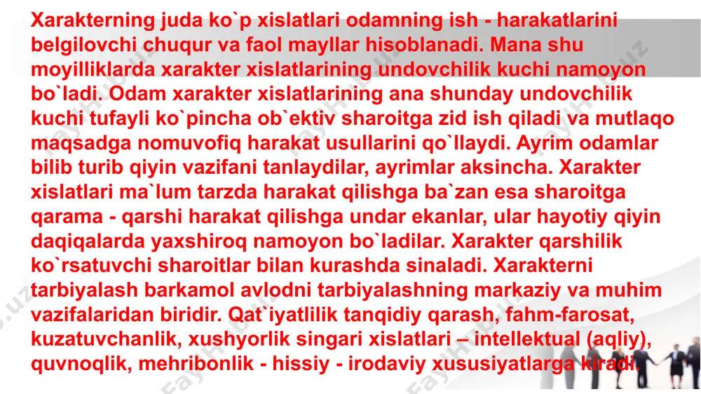 shida taqlidning roli katta. bolalar ota - onasiga, yaqin kishilarga va kattalarga o`xshashlikka harakat qiladi. ular kattalarning yurish - turishlari, dasturxon atrofida o`zini to`tishi va boshqalarga taqlid qiladilar, kichiklarga va jonivorlarga munosabatlarini kuzatadilar. ota - onalar va o`qituvchilar, umuman katta yoshdagilar hammasi o`zlariga ham e`tibor bilan qarashlari, o`zlarida ijobiy xarakter xislatlarini har doim tarbiyalab borishlari lozim. bolalarda ijobiy, irodaviy va axloqiy sifatlarini tarbiyalab etkazmoq uchun ota - onalar va tarbiyachilarning o`zlari bunday sifatlarga ega bo`lishlari lozim. xarakterning o`sishida tarbiya va o`z - o`zini tarbiyalashning roli katta. o`sib kelayotgan yosh avlodning xarakteri, avvalo oilada va maktabda tarbiyalanadi. bolalarning xarakterini tarbiyalashda katta mas`uliyatli vazifa ota - onalar, o`qituvchilar va bolalar bog`chasi tarbiyachilari zimmasiga to`shadi. xarakterni tarbiyalashda pedagog bolaning temperamentni ijobiy va salbiy tomonlarini yaxshi bilishi lozim. xarakterni tarbiyalash, jumladan, temperamentning ijobiy tomonlarini o`stirishdan, uning salbiy tomonlarini yo`qotishdan va bu salbiy tomonlarni xarakterning ijobiy xislatlari bilan almashtirishdan iborat. xarakterning salbiy tomonlarini yo`qotmoq, ijobiy …