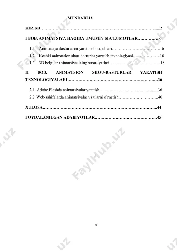 da keng qo`llanilmoqda. shuning uchun kompyuter grafikasi sohasida yetuk kadrlarni tayyorlash, yosh kitobxonlarga kompyuter grafikasiga doir adabiyotlarni yetkazish oldimizda turgan vazifalardan biri hisoblanadi. yuqoridagi fikrlarni inobatga olgan holda ushbu o`quv qo`llanmada tasvir turlari, kompyuter grafikasi turlari, grafik formatlar, rang modellari, proyeksiyalar, tasvirlarni sifatini yaxshilash usullari, tasvirlarni filtrlash, adobe flashda animatsiyalar kabi mavzular to`liq yoritib berilgan. o`ylaymanki, ushbu o`quv qo`llanma oliy o`quv yurti talabalari, akademik litsey, kasb-hunar kollejlari, umumiy o`rta maktab o`quvchilari va mustaqil o`rganuvchilarda kompyuter grafikasiga bo`lgan qiziqishini oshirishga, dasturlash muhitida ishlash va mustaqil dastur tuzishga, mamlakatimizning turli sohalari uchun ilovalar yaratishga, zamonaviy axborot texnologiyalari vositalaridan foydalanish ko`nikmalarini shakllantirishga va ularning amaliy ishlarida yangi qirralarning ochilishiga zamin hozirlaydi. kurs ishining dolzarbligi: animatsiya hosil qiluvchi dasturning dolzarblik bosqichlari quyidagi bosqichlardan iborat bo'ladi: 1. konseptsiya yaratish: birinchi bosqichda animatsiyani yaratish uchun konseptsiya va qahramonlar tuziladi. bu qadamda, animatsiya mavzusi, qahramonlar, va hadisalar belgilanadi. 2. scenarini yaratish: keyingi bosqichda animatsiyadagi harakatlar, dialoglar va …