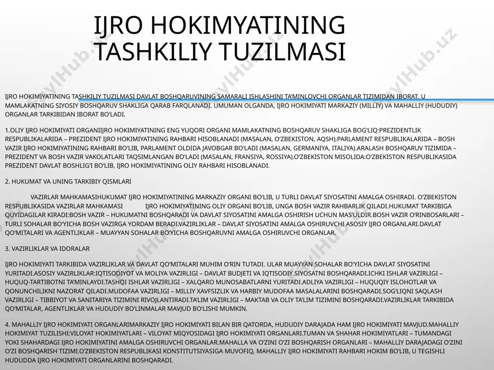 fsizlik xizmatlari.davlat inspeksiyalari – turli sohalarda (mehnat, ekologiya, oziq-ovqat xavfsizligi) nazoratni amalga oshiradi. ijro hokimiyati organlarining faoliyatini nazorat qilish ijro hokimiyati organlarining samarali ishlashi va qonuniy faoliyat yuritishini ta’minlash uchun turli nazorat mexanizmlari mavjud. bu nazorat ijro hokimiyati vakolatlarini suiiste’mol qilishning oldini olish, davlat mablag‘laridan to‘g‘ri foydalanish va fuqarolar huquqlarini himoya qilishga qaratilgan.ijro hokimiyati ustidan nazorat qonun chiqaruvchi hokimiyat, sud hokimiyati, maxsus nazorat organlari va jamoatchilik tomonidan amalga oshiriladi. ijro hokimyati organlarining ma’suliyati ijro hokimiyati organlari davlat boshqaruvi va ijro etuvchi qarorlarni amalga oshirish uchun javobgar hisoblanadi. ularning mas’uliyati qonunchilik, sud hokimiyati, maxsus nazorat organlari hamda jamoatchilik oldida belgilangan. 1. qonuniy mas’uliyat ijro hokimiyati organlari konstitutsiya, qonunlar va normativ-huquqiy hujjatlar asosida faoliyat yuritadi. ularning qonuniy mas’uliyati quyidagi jihatlarni o‘z ichiga oladi:konstitutsiyaga rioya qilish – barcha ijro hokimiyati organlari o‘z faoliyatini asosiy qonunga muvofiq olib borishi shart.qonunlarga bo‘ysunish – ijro hokimiyati davlat va jamiyat manfaatlarini himoya qilish uchun qabul qilingan barcha …