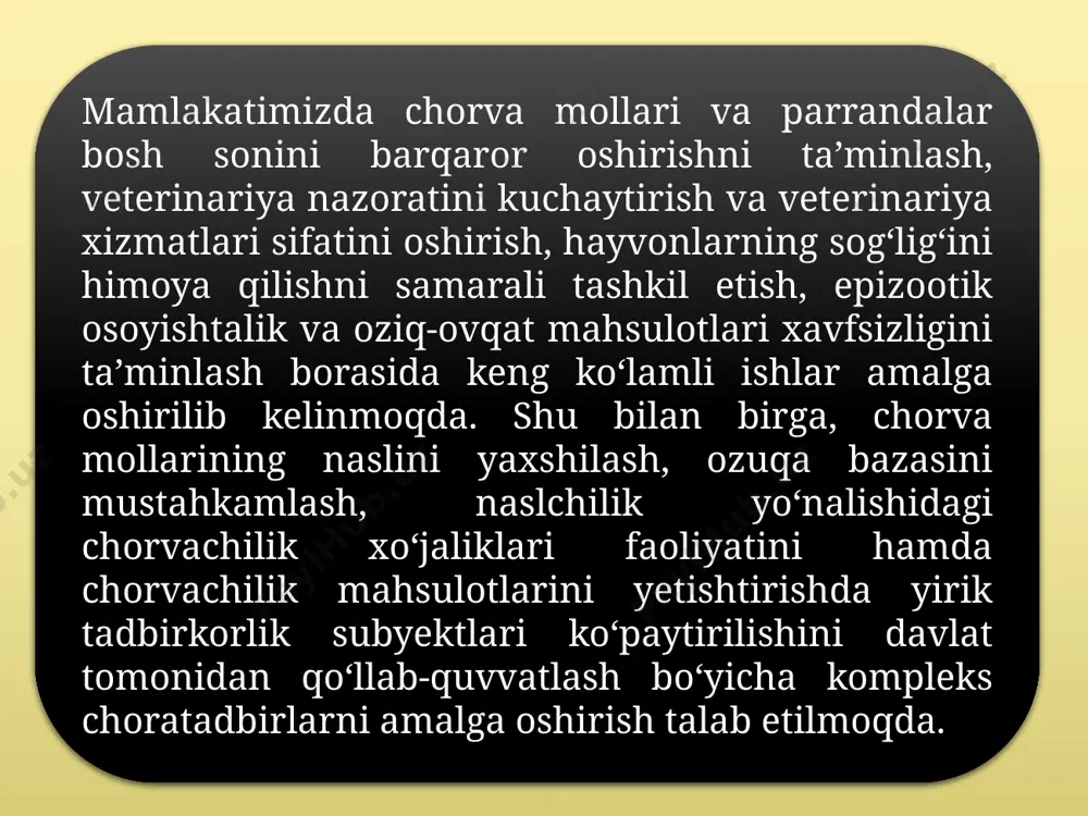 kasalligiga qarshi 2022 yilning o‘tgan davrida qariyb 24,0 mln. bosh chorva hayvonlari hamda o‘tgan 2022 yilning kuz va qish mavsumlarida qariyb 13,0 mln. bosh chorva hayvonlari profilaktik emlanib, bugungi kunda 30 mln. bosh chorva hayvonlarida 100 foiz immunitet shakllantirilgan va hayvonlarning immun fonidan kelib chiqib emlash ishlari davom ettirilmoqda. joriy yilning oxirigacha immun foni tugaydigan qariyb 14,0 mln. bosh chorva hayvonlari kuydirgi kasalligiga qarshi profilaktik emlanishi rejalashtirilgan bo‘lib, respublikada kuydirgi kasalligi bo‘yicha immun fon to‘liq saqlab turilishi ta’minlanadi. o‘zbekiston respublikasi vazirlar mahkamasining tegishli qaroriga muvofiq chorvani o‘ta xavfli kasalliklarga qarshi emlash uchun vaksinalar bepul ajratilmoqda. joylarda tizimli ravishda epizootik monitoring ishlari olib borilmoqda. barcha toifadagi xo‘jaliklarda ehtiyotkorlikni yanada oshirish, yuqumli kasallikka gumon qilingan chorva mollarini alohida saqlash uchun maxsus joylar tashkil etilgan. ehtiyot shart sifatida sahro zonalarida kerakli kiyim-kechak, asbob-anjomlar bilan ta’minlangan epizootiyaga qarshi otryadlar faoliyat yuritmoqda. kuydirgi, oqsil va boshqa turdagi xavfli kasalliklar yurtimizga chetdan kirib kelishi va tarqalishining …