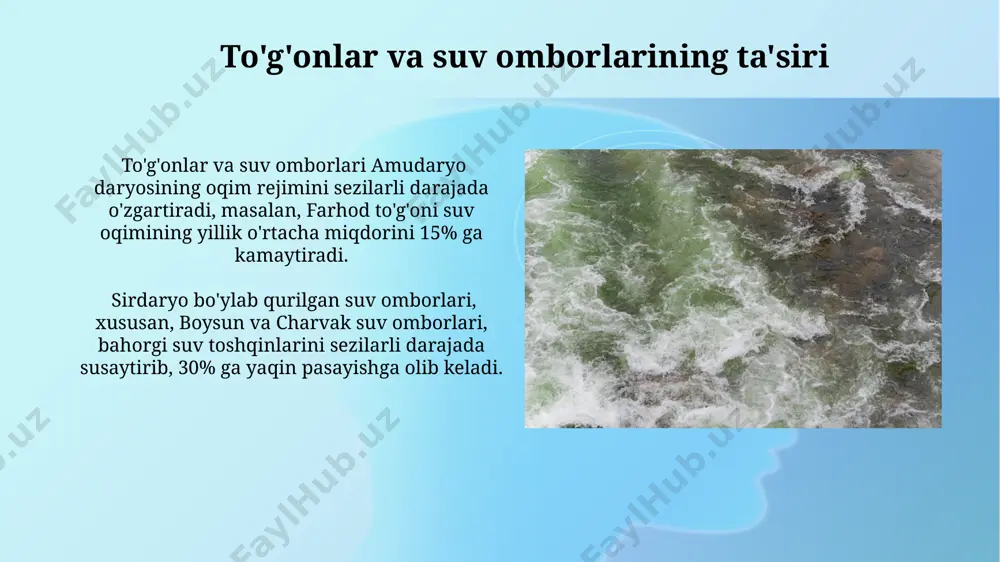 ning sirdaryo viloyatida joylashgan suv omborlarining suv hajmini prognoz qilish uchun, 5 ta turli gidrologik modelni taqqoslash orqali eng aniq natijalarni beradigan modelni tanlash muhim. antropogen ta'sirlar markaziy osiyo mintaqasida, xususan amudaryo va sirdaryo havzalarida 20-asrning ikkinchi yarmidan boshlab suv iste’moli 30% ga oshdi, bu esa daryo oqim rejimlarining sezilarli darajada o'zgarishiga olib keldi. qo'shma shtatlardagi kolorado daryosi bo'ylab qurilgan 100 dan ortiq to'g'onlar suv oqimining tabiiy rejimini jiddiy buzdi, bu esa daryo ekologiyasiga salbiy ta’sir ko'rsatdi. kunlik o'zgarishlar o'zbekistonning amudaryo havzasidagi 1960-yillardan keyingi suv oqimining sezilarli pasayishi, suv iste'moli va irrigatsiya loyihalarining kengayishi bilan bog'liq bo'lib, qishloq xo'jaligi unumdorligining 15% ga kamayishiga olib keldi. farg'ona vodiysidagi suv resurslarining 30% dan ortig'i, taxminan 5 million gektar sug'oriladigan yerlarni ta'minlash uchun, qish oylarida kamroq suv oqimiga qaramay, yoz oylarida intensiv ravishda ishlatiladi. suv sarfi va uning omillari sirdaryo suv sarfini bahor oylarida qor va muzning erishi 30% ga, yoz oylarida esa …