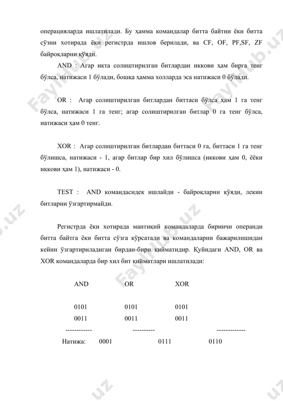 . силжитиш командалари силжитиш командаси бажарилганда сf бароьи ҳар доим охирги чиқарилган байтни қийматини сақлайди. силжитиш қуйидаги командалари бор: shr; ўнгга логик (белгисиз) силжитиш shl; чапга логик (белгисиз) силжитиш sar; ўнга арифметик силжитиш sal; чапга арифметик силжитиш қуйидаги фрагмент shr командани бажарилишини кўрсатади: mov cl, 03; ax mov ax, 10110111b; 10110111 shr ax, 1; 01011011; ўнг томонга бирга силитиш shr ax, сl; 00001011; ўнг томонга учга силжитиш биринчи shr командаси ах регистрни ичидагисини ўнга битта битга силгийди. натижадабитта чикрилган бит cf байроқка тушади, ах регистрнинг энг чап бит эса нолp билан тўлиб кетади. иккинчи shr командаси ах регистрни ичидагисини яна уч битга силжитади. шунда cf бароьи кетма-кетда 1,1,0 қийматларини олади, ах регистрини учта чап битларга эса ноллар қўйилади. арифметик ўнгга силжитиш sar командасини ишлашини кўрайлик. mov cl, 03; ax mov ax, 10110111b; 10110111 shl ax, 1; 01011011; чап томонга бирга силитиш shl ax, cl; 00001011; ўнг томонга учга силжитиш sal …
