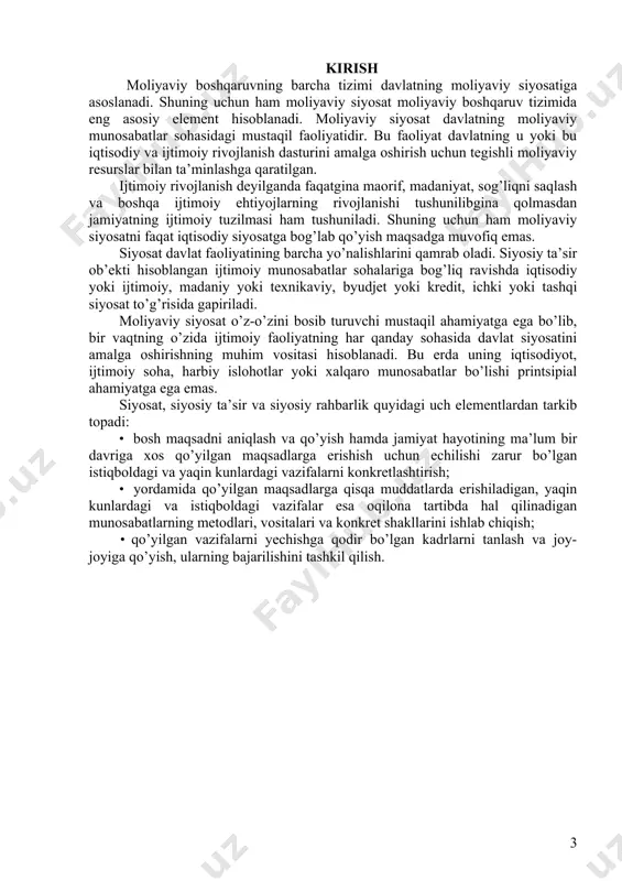 tom ma’noda bir xil emas, u bir-biriga bog‘liq bo‘lgan bo‘g‘inlardan tashkil topsada, lekin bajarayotgan funksiyalari bilan bir-biridan farq qiladigan bo‘g‘inlar yig‘indisidan iboratdir. davlat moliyasi sohasining bo‘g‘inlariga: davlat budjeti, budjetdan tashqari fondlar, davlat krediti va davlat korxonalari moliyasi kiradi. o‘zbekiston respublikasi davlat moliyasini quyidagi tuzilishda ko‘rishimiz mumkin: 1- rasm. o‘zbekiston respublikasi davlat moliyasining tuzilishi respublikamizda davlat budjetining tuzilishi ikki bo‘g‘inlidir – bu respublika budjeti va mahalliy budjetlar yig‘indisi. respublika budjetidan asosan jamiyat ahamiyatiga molik bo‘lgan chora-tadbirlar moliyalashtiriladi, jumladan, markazlashtirilgan investitsiyalar, mudofaa xarajatlari, boshqaruv xarajatlari. respublika budjetidan mamlakat miqyosidagi iqtisodiy – ijtimoiy masalalar ijobiy hal qilinishiga qaratilgan. bozor iqtisodiyoti rivojlanishi bilan budjet munosabatlari ichida mahalliy budjetlarga e’tibor kuchaymoqda. keyingi paytlarda mahalliy hokimiyatga mustaqillik berilishi munosabati bilan bular tez sur’atlar bilan rivojlanib bormoqda. mahalliy budjetlardan asosan mahalliy ahamiyatga molik bo‘lgan chora-tadbirlar moliyalashtiriladi. jumladan, hududiy infratuzilmani tashkil qilishda, mehnat resurslarining qayta tiklash, aholining mehnat farovonligini oshirishga xizmat qiladigan ijtimoiy tadbirlar va haqozolar. davlat moliyasi …
