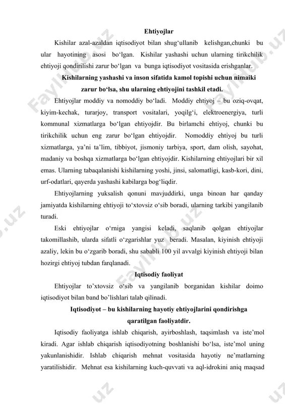 ch-quvvati va aql-idrokini aniq maqsad yo‘lida va foydali sarflanishi bo‘ladi. mehnatsiz hech narsa yaratilmaydi. ishlab chiqarish yuz berganda kishilar mehnati turli-tuman hayotiy ne’matlarni yaratadi, bular moddiy va nomoddiy ne’matlardan iborat bo‘ladi. moddiy ne’matlar oziq-ovqat, kiyim-kechak, turarjoy, xom ashyo, yoqilg‘i, mashina-uskunalar bo‘lib, ularning aniq moddiy shakli bor, ularni ko‘z bilan ko‘rish, qo‘l bilan ushlash mumkin. nomoddiy ne’matlar – turli xizmatlar, ularning shakli, rangi, katta- kichikligini farqlab bo’lmaydi. o‘qituvchi, shifokor, artist, militsiya xodimi, sud, sportchi xizmatini bunga misol qilib olish mumkin. agar mahsulotlar oldin yaratilib, so‘ng iste’mol etilsa, xizmatlar yaratilgan chog‘ning o‘zida iste’mol etiladi, ularni jamg‘arib bo‘lmaydi. ne’matlarning turiga qarab ishlab chiqarish ikki turga ajraladi: bular moddiy (sanoat, qishloq xo‘jaligi, qurilish va b.) va nomoddiy (ta’lim, tibbiyot, madaniyat sohasi) ishlab chiqarishdir. moddiy ishlab chiqarish industrial (sanoat, qurilish, transport, aloqa va h. k.) va agrar (qishloq xo‘jaligi) sektoridan iborat bo‘ladi. nomoddiy ishlab chiqarish servis (xizmat ko‘rsatish) sektorini hosil etadi. iqtisodiyot rivojlangan sari servis …