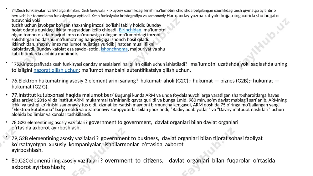 - hukumat — hukumat (g2 g). 77,inistitut kutubxonasi haqida malumot ber/ bugungi kunda arm va unda foydalanuvchilarga yaratilgan shart-sharoitlarga havas qilsa arziydi: 2016 yilda institut armi mukammal ta’mirlanib qayta qurildi va bunga 1mld. 980 mln. so‘m davlat mablag‘i sarflanib, armning ichki va tashqi ko‘rinishi zamonaviy tus oldi, xizmat ko‘rsatish maydoni birmuncha kengaydi, arm qoshida 75 o‘ringa mo‘ljallangan yangi “elektron kutubxona” barpo etildi va u zamonaviy kompyuterlar bilan jihozlandi, “badiiy adabiyotlar” va “davriy matbuot nashrlari” uchun alohida bo‘limlar va xonalar tashkillandi. 78,g2g elementining asosiy vazifalari? government to government, davlat organlari bilan davlat organlari o‘rtasida axborot ayirboshlash. 79,g2b elementining asosiy vazifalari ? government to business, davlat organlari bilan tijorat sohasi faoliyat ko‘rsatayotgan xususiy kompaniyalar, ishbilarmonlar o‘rtasida axborot ayirboshlash. 80,g2c elementining asosiy vazifalari ? overnment to citizens, davlat organlari bilan fuqarolar o‘rtasida axborot ayirboshlash; 81,c++ dasturlash tilida takrorlash operatoriga misol keltir? 1 dan 10 gacha bo'lgan sonlarni chiqaruvchi dastur: #include int main() { …