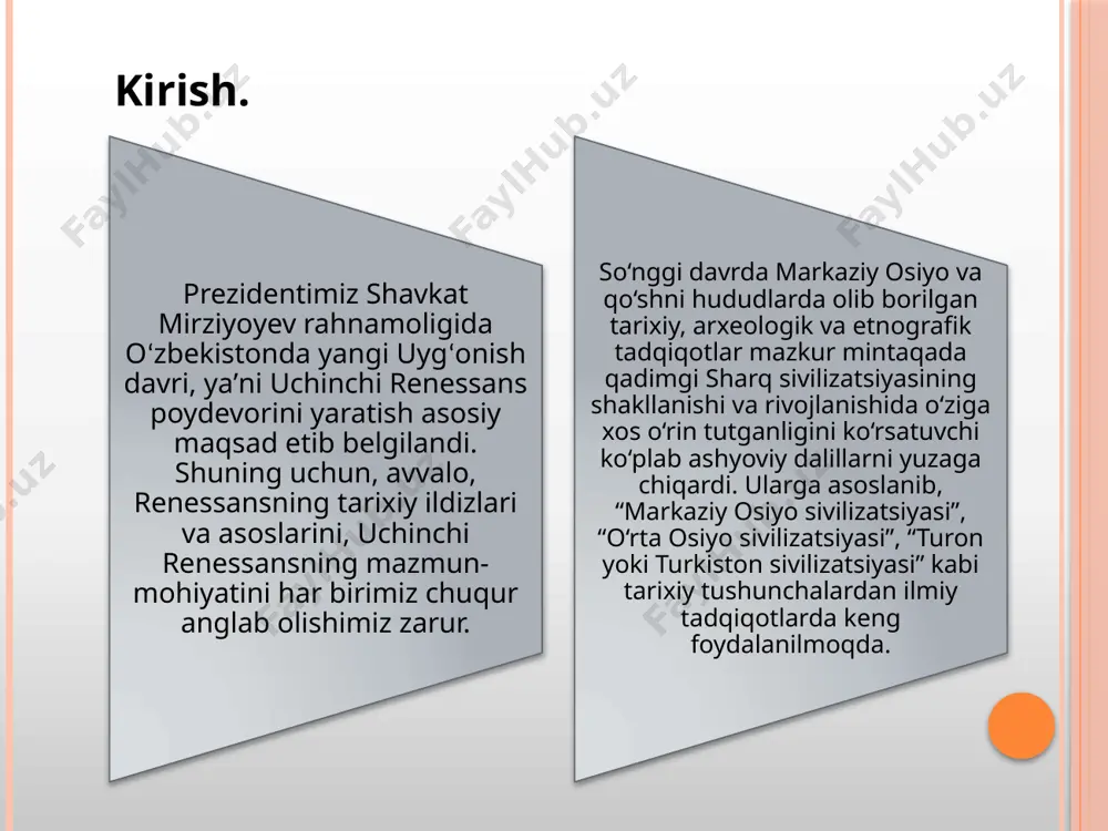 g sultoni deb ham yuritiladi. temuriylar renessansi alisher navoiy g‘iyosiddin jamshid ali qushchi mirzo ulug‘bek temuriylar renessansi – musulmon renessansi sharq tamadduni tojidagi javohirlardan biri sanalib, uni o‘rganishga bag‘ishlangan baʼzi tadqiqotlar yaratildi. shu maʼnoda, prezidentimiz shavkat mirziyoev 2017-yil 19- sentyabrda bmt bosh аssambleyasining 72-sessiyasidagi nutqida tarixda birinchi marotaba: “markaziy osiyo uyg‘onish davrining ko‘plab yorqin namoyandalarining islom va jahon sivilizatsiyasiga qo‘shgan bebaho hissasini alohida qayd etmoqchiman”, deb taʼkidlagani bejiz emas. markaziy osiyo mintaqasi, xususan, bugungi o‘zbekiston hududi tarixda ilm-fan, madaniyat va sanʼatning qadimiy beshigi sifatida mavjud boʼlib kelgan. bu haqda islomga qadar mavjud manbalarda ham maʼlumotlar keltirilgan. jumladan, “аvesto”da ham maʼnaviy muhit, ilm-fan va taʼlim-tarbiya xususida o‘z davri uchun ilg‘or g‘oyalar ilgari surilgan. o‘zbekiston hududlari tarixan buyuk ipak yo‘lining markazi va uning turli tarmoqlari kesishgan nuqtada joylashgan. shuning uchun sharq va jahonning turli mamlakatlaridan diniy va dunyoviy bilim olish istagidagi insonlar hamisha samarqand, buxoro, xorazm, nasaf (qarshi), kesh (shahrisabz), toshkent, farg‘ona …