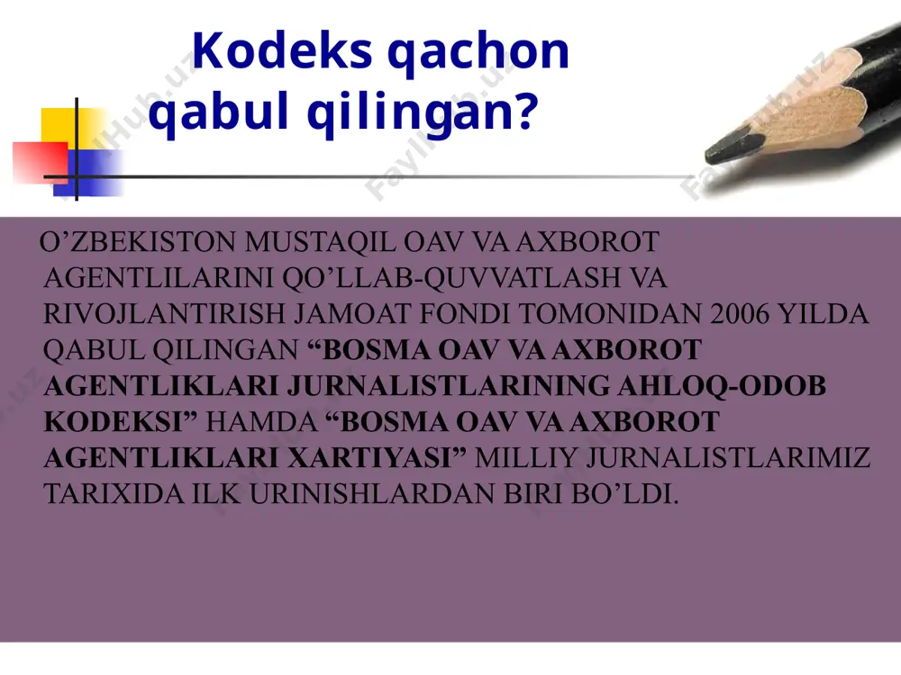 “asarida keltirib o’tilgan. taypey gazetalari birlashmasida yozilishichi, tayvanning jurnalistik etika kodeksi normalarining dastlabki ko’rinishi 1950 -yillarga to’g’ri keladi. gongkong jurnalistlari assotsiyatsiyasi bergan ma’lumotga ko’ra, gongkongda “jurnalistik etika normalari kodeksi” 1983 -yilda dastlab ko’zga tashlana boshlagan. jurnalistning ahloq-odob me’yorlari nimalarda aks etadi… jurnalist,eng avvalo, jamiyat oldidagi o’z burchini to’liq anglab yetgan, o’zbek xalqi mintaliteti, qadriyatlarini hurmatlaydigan hamda o’z xalqi orzu-umidlari bilan yashaydigan insondir. jurnalist majburiyatlari; kiyinish madanaiyati; so’zlash odobi; suhbatdoshini tinglay bilish; o’zini tutish me’yorlari. jurnalist o’z vazifasini ado etishda nimalarga amal qilishi kerak? ob’ektiv voqelikni rost aks ettirish orqali odamlarning haqqoniy va rost axborot olishini kafolatlash; umume’tirof etilgan ahloq-odob me’yorlarini hurmatlash; oav dan jamiyat manfaatlariga, shxs huquqi va uning qonuniy manfaatlariga zd ravishda foydalanishga yo’l qo’yilmasligini yodda tutish; tajovuzkor urushlar, qurollanish poygalari, zo’ravonlik, zolimlik, nafrat va kamsitishning har qanday shakllarini targ’ib qilish yoki oqlshdan tiyilishi; o’zbek xalqining an’analarini saqlash va rivojlantirishda o’z mas’uliyatini tushunish. jurnalistning kasb mahorati… kasbi bilan bog’liq …