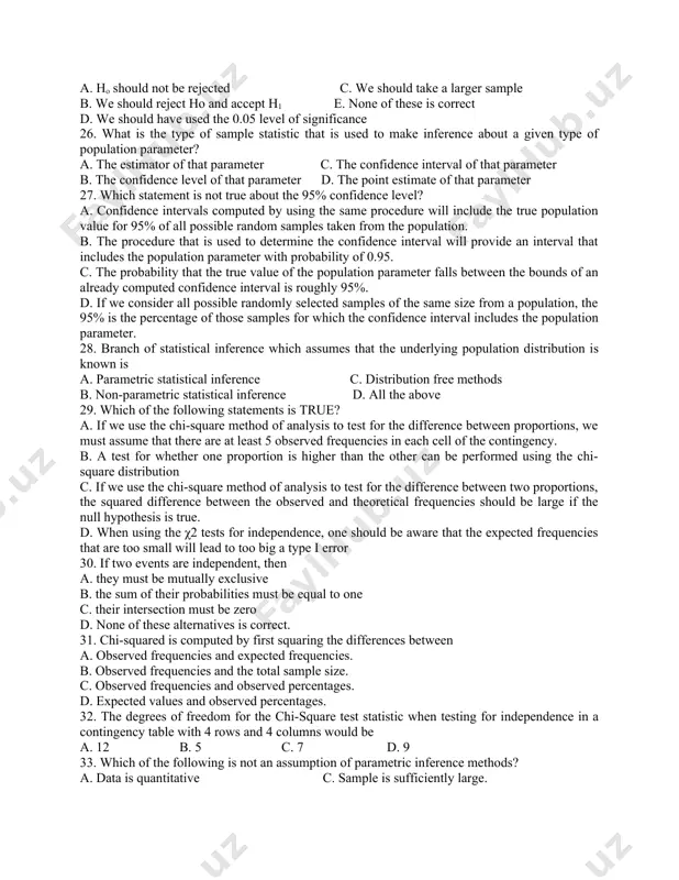 null hypothesis d. none of these alternatives is correct 19. which of the following refers to numbers that indicate the spread or scatter of observations in the data set? a. measures of center b. measures of location c. measures of variability d. measures of shape 20. an experiment involves selecting a random sample of 256 middle managers for study. one item of interest is annual income. the sample mean is computed to be $45,420, and the sample standard deviation is $2, 050. what is the 95 percent confidence interval? a. ($45, 169; $45, 671) b. ($46, 168; $ 47, 668) c. ($45, 210; $45,630) d. ($46, 000; $47, 000) e. none of these 21. the measure of location which is the most likely to be influenced by extreme values in the data set is the a. range b. median c. mode d.. mean 22. in order to test the following …