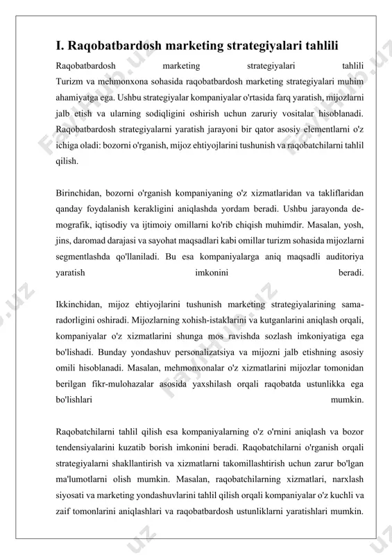 lar va onlayn platformalar mijozlar tajribasini oshirishda muhim rol o'ynaydi. mehmonxonalar o'z mijozlariga mobil ilovalar orqali xizmat ko'rsatishni taklif etish orqali ularga qulayliklar yaratishlari mumkin. masalan, mehmonlar ilova orqali o'z xonalarini bron qilish, ovqat buyurtma berish va hatto mehmonxonaning barcha xizmatlaridan foydalanish imkoniyatiga ega bo'ladilar. bu nafaqat mijozlar uchun qulaylikni ta'minlaydi, balki mehmonxona uchun ham operatsion samaradorlikni oshiradi. ikkinchidan, personalizatsiya yondashuvi mijozlar tajribasini oshirishda muhim ahamiyatga ega. mehmonxonalarning mijozlar haqidagi ma'lumotlarni to'plash va tahlil qilish orqali ularning xohishlariga mos xizmatlarni taklif etishlari mumkin. masalan, agar mehmonning oldingi tashrifi davomida u sog'lom ovqatlanish xizmatlaridan foydalangan bo'lsa, keyingi safar uchun unga shunday xizmatlar taklif etilishi mumkin. bu kabi personalizatsiya, mijozlarning o'zlarini qadrlangan his qilishlariga yordam beradi va ularni qayta tashrif buyurishga undaydi. uchinchidan, ijtimoiy media marketingi ham innovatsion yondashuv sifatida e'tiborga olinishi kerak. mehmonxonalar va turizm kompaniyalari ijtimoiy tarmoqlarda faol bo'lish orqali mijozlar bilan bevosita aloqa o'rnatishlari mumkin. ijtimoiy media platformalarida mijozlar …