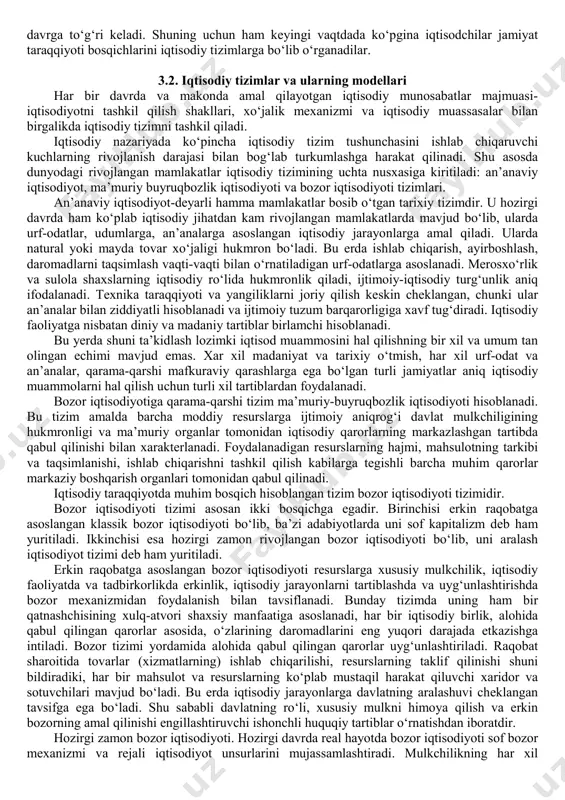 bu qayd qilingan bosqichlardan ko‘rinib turibdiki, ushbu nazariyada turli qarashlar va yondashuvlarni aralashtirish holatiga yo‘l qo‘yilib, jamiyat taraqqiyoti bosqichlarini ajratishning aniq bir mezoni yoki belgisi mavjud emas. jamiyat taraqqiyoti bosqichlariga texnologik yondashuv ham ma’lum bir oqim xisoblanadi. ular jamiyat tarixiy taraqqiyoti davomida ro‘y berayotgan o‘zgarishlar ko‘lami va tavsifini yaxshiroq tushunib olish uchun ishlab chiqarishning turli texnologik usullarini tahlil etish, mashinalashgan ishlab chiqarishning vujudga kelishi va rivojlanish tarixiga murojaat qilish zarur deb hisoblaydilar. mehnat vositalari, materiallar, texnologiya, energiya, axborotlar va ishlab chiqarishni tashkil etish bilan birgalikda ishlab chiqarishning texnologik usuli deyiladi. ular o‘rtasidagi chegaralarni jamiyat taraqqiyoti tarixining yirik bosqichlari ajratib turadi. bir texnologik ishlab chiqarish usulidan boshqasiga o‘tish asosan mehnat vositalarining tavsifidagi o‘zgarishlar, fan va texnika taraqqiyoti bilan belgilanadi. ishlab chiqarish texnologik usullarining dastlabki uchta bosqichlari alohida farqlanadi. bular oddiy kooperatsiya, manufaktura va mashinalashgan ishlab chiqarish. oddiy kooperatsiya-bu bir xil ishni yoki xizmat vazifasini bajaruvchi xodimlarning eng oddiy shaklidagi uyushishi, birgalashib …