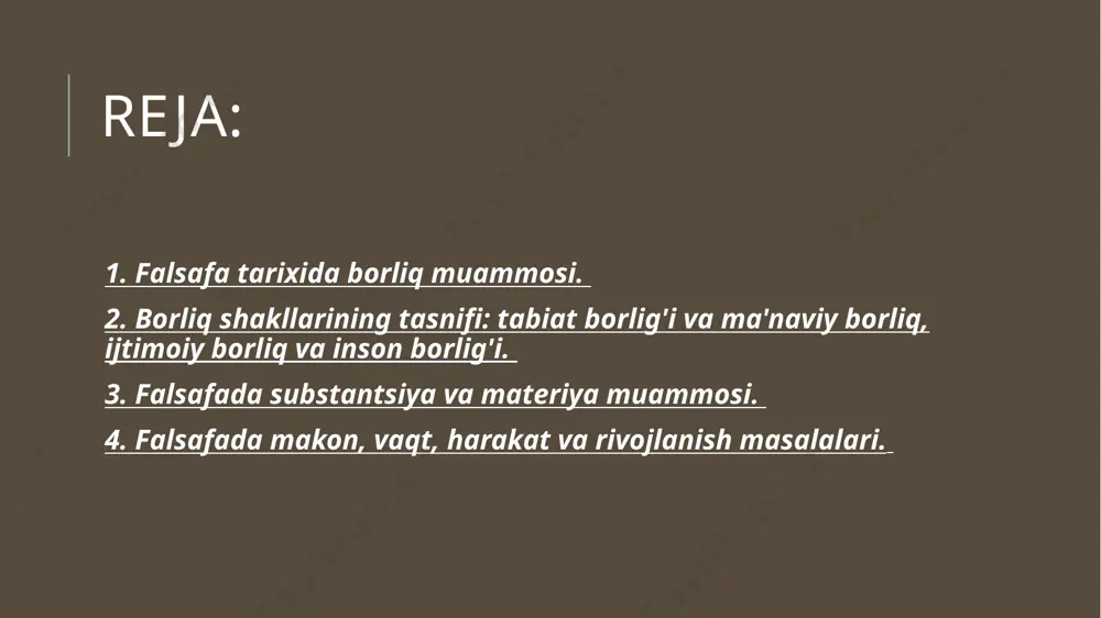 asidir. borliq shakllarining tasnifi: tabiat borlig'i va ma'naviy borliq, ijtimoiy borliq va inson borlig'i. inson barcha jonli narsalar jonsiz narsalardan butunlay farq qilishiga qadimdayoq e’tibor bergan, lekin buni ancha keyin tushunib ketgan. o’z navbatida, jonli narsalar dunyosida inson alohida o’rin egallaydi. u barcha jonli narsalardan butunlay farq qiladi. insonning bu asosiy farqi uning ongida, ideal obrazlar bilan ish ko’rish, ya’ni abstrakt fikrlash va o’zini fikrlovchi jonzot sifatida anglash qobiliyatida namoyon bo’ladi. tabiat borlig’i birlamchi tabiat borlig’i - (ya’ni inson va uning faoliyatidan qat’i nazar mavjud bo’lgan narsalar va jarayonlar borlig’i) va ikkilamchi (yoki odamlar tomonidan yaratilgan narsalar va jarayonlar borlig’i)ga bo’linadi. birlamchi tabiat notirik tabiat narsalari va jarayonlarining borlig’i – bu butun tabiiy va sun’iy dunyo, shuningdek tabiatning barcha holatlari va hodisalari (yulduzlar, sayyoralar, yer, suv, havo, binolar, mashinalar, aks sado, kamalak, ko’zgudagi aks va sh.k.)dir. ikkilamchi tabiat inson yaratgan yoki o’zgartirgan tabiatdir.tabiat makon va vaqtda cheksiz hamda abadiydir. ikkinchi …