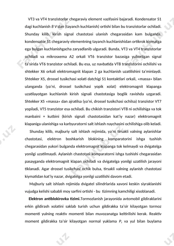 xam ancha katta kiymatlarga ega bulib (145-rasm), bu tormozla-nish jarayonida avtomobilni turgunlik va boshkarish darajasini oshiradi. . 146-rasm. antiblokirovkali tizimning tarkibiy sxemasi. antiblokirovkali tormoz tizimini ishlash prinsipini pnevmo-yuritmali tormoz tizimiga ega bulgan avtomobillar uchun ishlab chikilgan sistema misolida kurib chikamiz. antiblokirovka tizimi (146-rasm) gildirak tezligi datchigi, elektron boshkarish bloki (ebb) va ijro etuvchi elementlardan iborat. gildirak tezligi datchigi gildirakni aylanish chastotasigi mos bulgan impulslar ishlab chikaradi. ebb gildirakni tezligi va uni uzgarishini taxlili asosida ijro etuvchi elementni boshkarish signallarini shakllantiradi. ijro etuvchi element ikkita elektromagnit klapanidan iborat bulib, ular bosim modulyatori deb ataladigan bitta mexanizmga birlashtirilgan. normal ochik xolda bulgan elektromagnit klapan (cheklash klapani) orkali tormoz kamerasiga sikilgan xavo uzatiladi. normal yopik xolda bulgan elektromagnit klapan (chikarish klapani) tormoz kamerasini atmosfera bilan boglaydi. elektron antiblokirovkali tormoz tizimi tormoz kamerasiga bosimni diskret (ya’ni uzuk-uzuk tarzda) ravishda boshkaradi. bunda gildirakni tezligi xam davriy ravishda uzgarib turadi (147-rasm). chastotani kuchlanishga aylantiradigan uzgartgich gildirak …