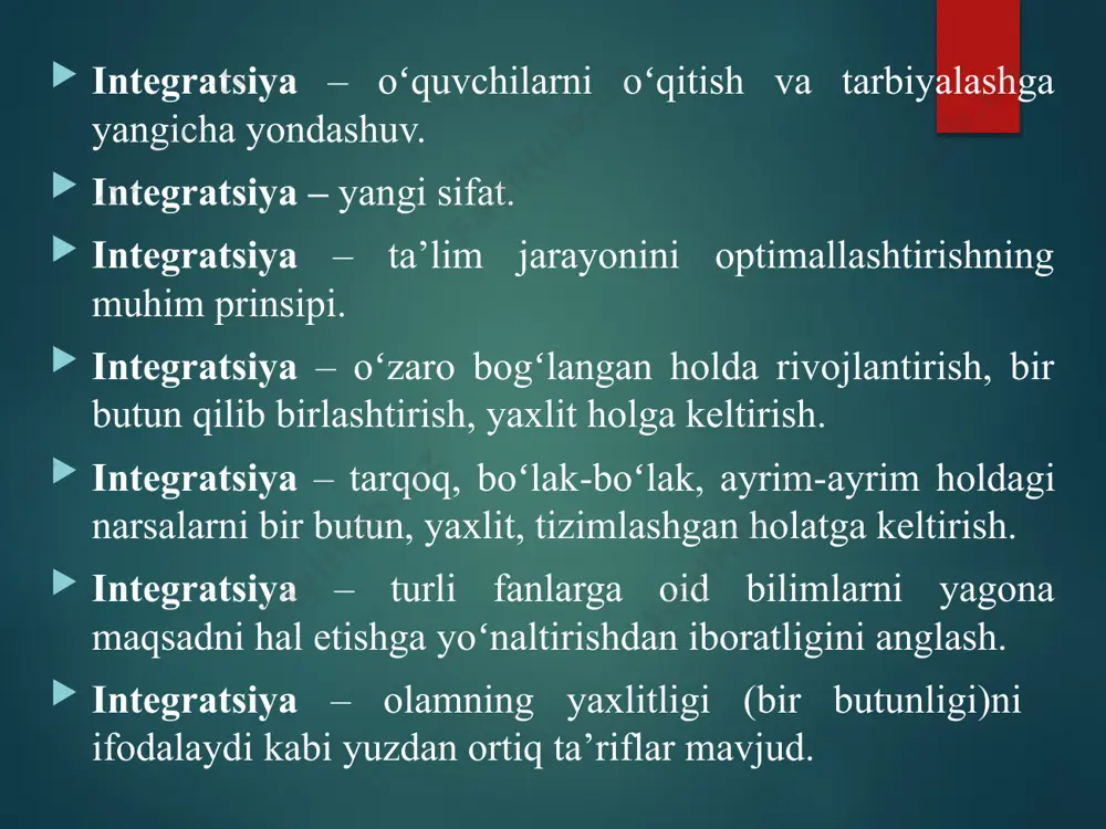 g’risida ozgina bilish» lozim bo’lsa, oxirga kelib «ozgina narsa to’g’risida hammasini bilish» kerak bo’ladi. ta’limni integratsiyalashning asosiy maqsadi ta’limni integratsiyalashning asosiy maqsadi boshlang’ich maktabdayoq tabiat va jamiyat haqida yaxshi tasavvur asoslarini qo’yishi va ularning rivojlanishi qonunlariga o’z munosabatlarini shakllantirishdir.mana shuning uchun kichik maktab o’quvchisi predmet yoki voqealik hodisalarining bir necha tomondan ko’rish muhimdir: mantiqiy va emotsional tomondan , badiiy asarda va ilmiy ommabop maqolada ,biolog, so’z ustasi , rassom, musiqachi nuqta nazardan va boshqalar. ta’limni integratsiyalashning yana bir maqsadi boshlang’ich ta’lim kelajakda bolalarga xohlagan fanni egallash imkonini beruvchi bilimlar asosini yaratadi. o’quv predmeti fanlarning mustahkam asosiga ega, zamonaviy ilmiy ma’lumotlarni tushunishga yetaklaydi, fikrlash qobiliyatini rivojlantirishga olib keladi. boshlang’ich ta’lim uchun faqat hozirgi kunda ochilgan narsalar emas balki, avvalom bor, fanning asosini, nazariy o’rnini tashkil etuvchi narsalar ham zarur. kurs oddiydan murakkabga, bilishdan ilmga, tartibsizlikdan uyg’unlikka va ijodga bo’lgan xaraktni rivojlantiradi. bola dunyoning yaralishi bilan tanishadi, olamning boshlanishiga insonning yerda paydo …
