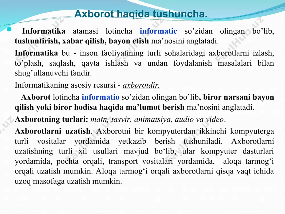 chov birliklari kutilmoqda pentabayt (pb), eksabayt(eb), zettabayt (zb), yottabayt (yb). agar matndagi so‘zlarni ehmda ishlatiladigan ko‘rinishda yozadigan bo‘lsak,har bir harf va belgiga 1 bayt axborot birligi ishlatiladi. axborot hajm birliklari. matn ko‘rinishidagi axborotlarni tashkil etuvchilari jami: 28=256 ta. harflar 52 ta, raqamlar 10 ta , tinish belgilari, riyoziyot belgilari +, - ­, *, / …. maxsus belgilar ?,&,%,$,#... ehm ishini boshqarish uchun ishlatiladigan maxsus belgilar 32 ta, qolganlari foydalanuvchilarning ona tili alifbosi harflari. masalan:a4 formatli qog‘ozning bir betiga 1 intervalda yozilgan matn 2,5 kb axborotdan iborat. ehm(elektron hisoblash mashinasi)ning tarixi. o‘tgan asrning 40-yillaridan boshlab ehmning rivojlanish davri boshlandi. ushbu ehm larning arxitekturasini arifmetik va mantiqiy amallar, boshqarish, xotira, axborotni kiritish va chiqarish kabi qurilmalar tashkil qiladi. o‘zining taraqqiyot darajasi, xotirasi va tezligiga qarab ehm lar asosan 5 ta avlodga bo‘linadi. b i r i n ch i a v l o d: 1945-1955 yillarni o‘z ichiga oladi. ehmlarida elektron sxemalarning …