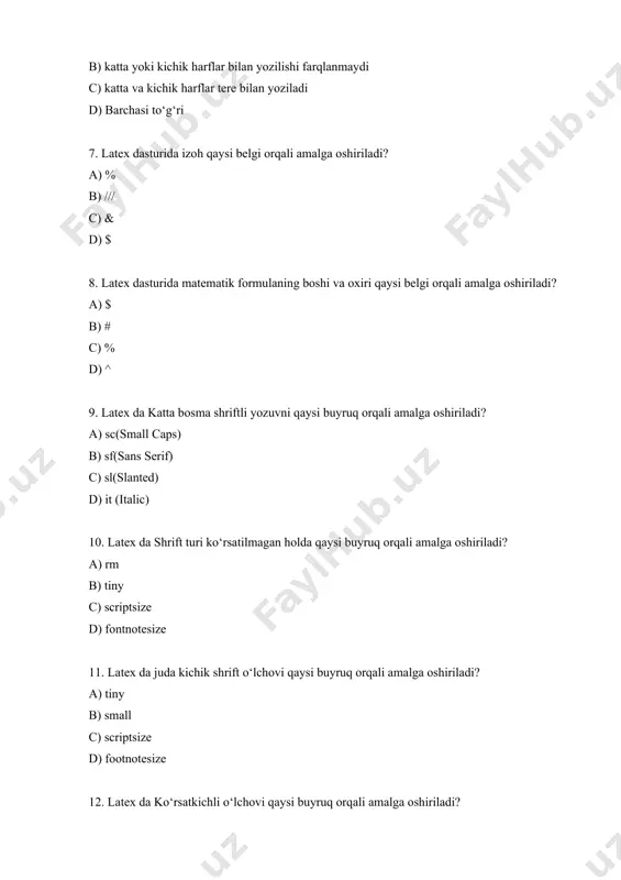 n yozish buyrug‘ qaysi? a) flushleft b) flushright c) center d) normalsize 16. latexda birinchi bo‘lib hujjat parametri qaysi buyruq orqali amalga oshiriladi? a) \documentclass b) normalsize c) flushleft d) flushright 17. article sinfi qanday maqsadda qo‘llaniladi? a) fanga doir jurnallar, namoyishlar ,qisqa hisobotlar, dasturiy hujjatlarda, taklifnomalar uchun qo‘llaniladi. b) juda katta hisobotlar,ko‘plab bo‘limga ega bo‘lgan kitoblarda, dissertatsiyalar uchun qo‘llaniladi. c) dokladlar uchun d) hujjat va hujjat muallifi haqida ma’lumot kiritishda foydalaniladi sinfi qanday maqsadda qo‘llaniladi 18. letter sinfi qanday maqsadda qo‘llaniladi? a) hujjat va hujjat muallifi haqida ma’lumot kiritishda foydalaniladi sinfi qanday maqsadda qo‘llaniladi b) juda katta hisobotlar,ko‘plab bo‘limga ega bo‘lgan kitoblarda, dissertatsiyalar uchun qo‘llaniladi. c) fanga doir jurnallar, namoyishlar ,qisqa hisobotlar, dasturiy hujjatlarda, taklifnomalar uchun qo‘llaniladi. d) dokladlar uchun 19. book sinfi qanday maqsadda qo‘llaniladi? a) odatiy kitoblar uchun b) juda katta hisobotlar,ko‘plab bo‘limga ega bo‘lgan kitoblarda, dissertatsiyalar uchun qo‘llaniladi. c) fanga doir jurnallar, namoyishlar ,qisqa hisobotlar, dasturiy …