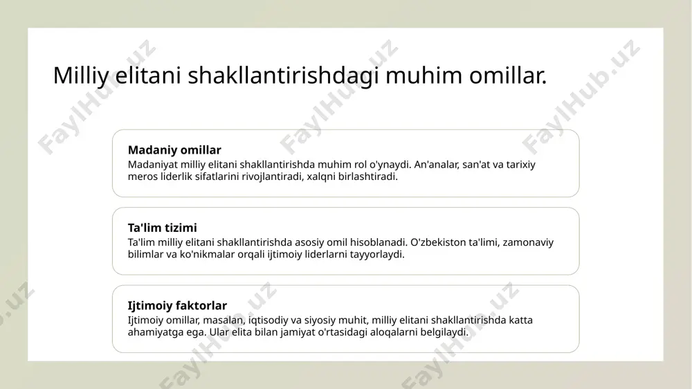 y ta'sir madaniyat va ta'lim ijtimoiy ta'sirni kuchaytiradi, o'zaro hamkorlikni rag'batlantiradi va elita shakllanishida muhim omil bo'lib xizmat qiladi. ta'lim tizimi va milliy elita: o'zbekiston misoli. 1 ta'lim tizimining roli - o'zbekistonda ta'lim tizimi milliy elita shakllanishida muhim ahamiyatga ega. u, intellektual va madaniy rivojlanish uchun asos yaratadi. 2 innovatsiyalar va ta'lim - ta'limdagi innovatsiyalar, yosh avlodni zamonaviy bilimlar bilan ta'minlaydi, bu esa milliy elitani shakllantirishda muhim o'rin tutadi. 3 ta'lim va ijtimoiy tenglik - o'zbekistonda ta'lim tizimi ijtimoiy tenglikni ta'minlashga qaratilgan, bu esa har bir fuqaroning elita safiga kirish imkoniyatini oshiradi. madaniy meros va uning elita rivojiga ta'siri. 1 madaniy merosning ahamiyati madaniy meros, xalqning tarixiy va madaniy qiymatlarini saqlab qolish orqali milliy elitaning shakllanishida muhim rol o'ynaydi. 2 madaniyat va liderlik madaniy meros, liderlik sifatlarini rivojlantirishda muhim omil hisoblanib, xalqning o'ziga xos xususiyatlarini namoyon etadi va jamiyatni birlashtiradi. 3 madaniy ta'sirlar o'zbekistonning boy madaniyati, milliy elita shakllanishida ta'sir …
