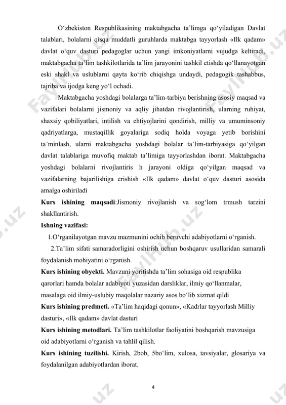 n samarali foydalanish mohiyatini o‘rganish. kurs ishining obyekti. mavzuni yoritishda ta’lim sohasiga oid respublika qarorlari hamda bolalar adabiyoti yuzasidan darsliklar, ilmiy qo‘llanmalar, masalaga oid ilmiy-uslubiy maqolalar nazariy asos bo‘lib xizmat qildi kurs ishining predmeti. «ta’lim haqidagi qonun», «kadrlar tayyorlash milliy dasturi», «ilk qadam» davlat dasturi kurs ishining metodlari. ta’lim tashkilotlar faoliyatini boshqarish mavzusiga oid adabiyotlarni o‘rganish va tahlil qilish. kurs ishining tuzilishi. kirish, 2bob, 5bo‘lim, xulosa, tavsiyalar, glosariya va foydalanilgan adabiyotlardan iborat. i bob.”ilk va maktabgacha yoshdagi bolalar rivojlanishiga qo‘yiladigan davlat talablari” ning mazmun mohiyati. 1.1 bolalarning kundalik hayotida jismoniy tarbiya bo‘yicha ishlarni tashkil etish. o‘zbekiston respublikasi prezidenti sh.m.mirziyoyev “zamonaviy maktabgacha ta’lim sog‘lom va barkamol avlodni voyaga yetkazishda muhim o‘rin tutadi” deya ta’kidlaydi. respublika prezidentining 2017-yil 30-sentabrdagi pq-3305-son “o‘zbekiston respublikasi maktabgacha ta’lim vazirligi faoliyatini tashkil etish to‘g‘risida”gi qarori hamda, 2016-yil 29-dekabrdagi pq-2707-son “2017-2021- yillarda maktabgacha ta’lim tizimini yanada takomillashtirish chora-tadbirlari to‘g‘risida”gi qaroriga muvofiq vazirlar mahkamasining 2017-yil 21- noyabrdagi 929-son “o‘zbekiston …